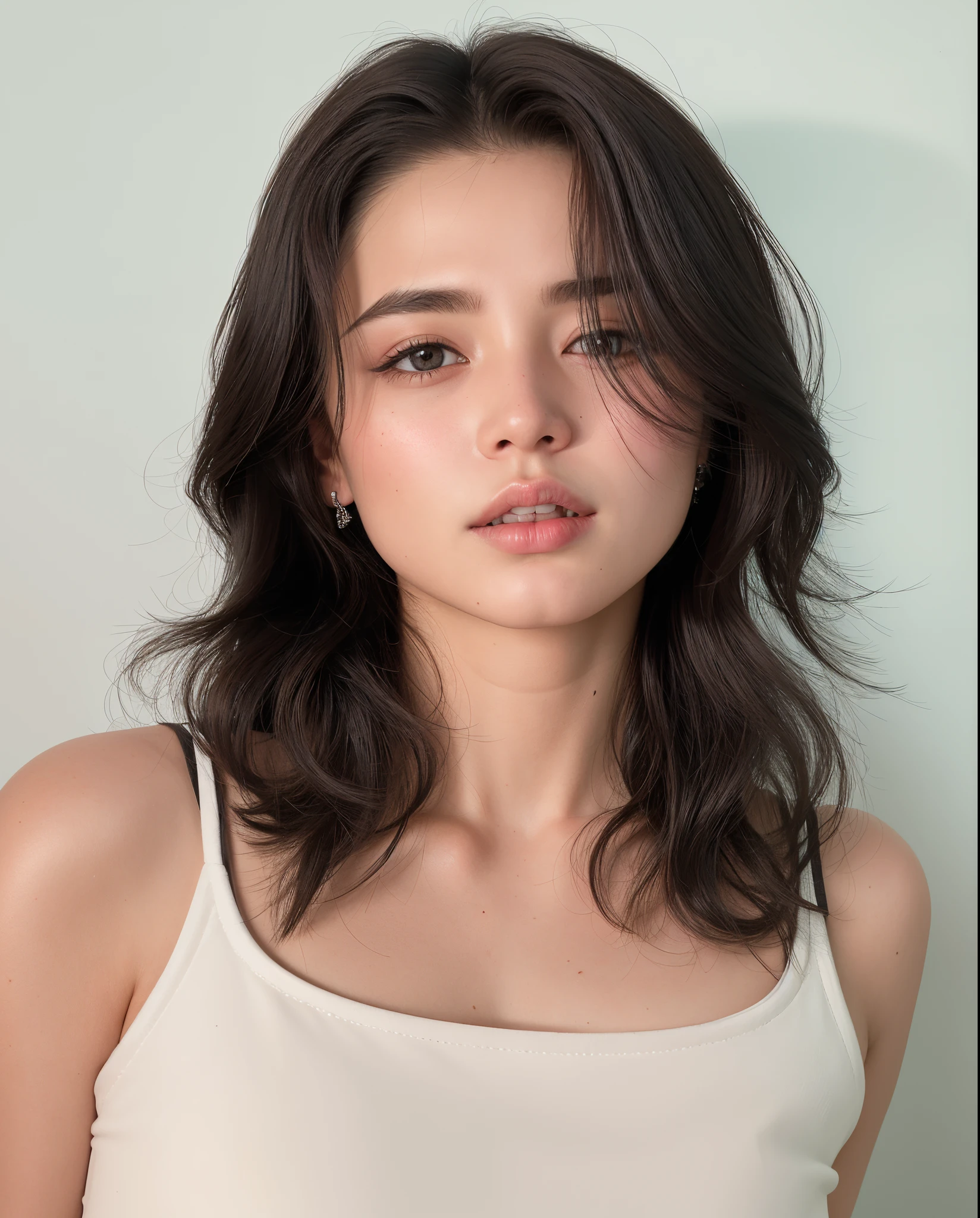 mulher arafed com cabelo longo e uma regata branca, com cabelos curtos, com rosto redondo, cabelos ondulados na altura dos ombros, medium and medium-length hair, rosto perfeito ), 2 Modelo feminina de 4 anos, modelo de rosto perfeito, Retrato de Jossi de Blackpink, retrato headshot, franja de cortina, foto retrato suave 8 k, young adorable korean face, cabelo na altura dos ombros