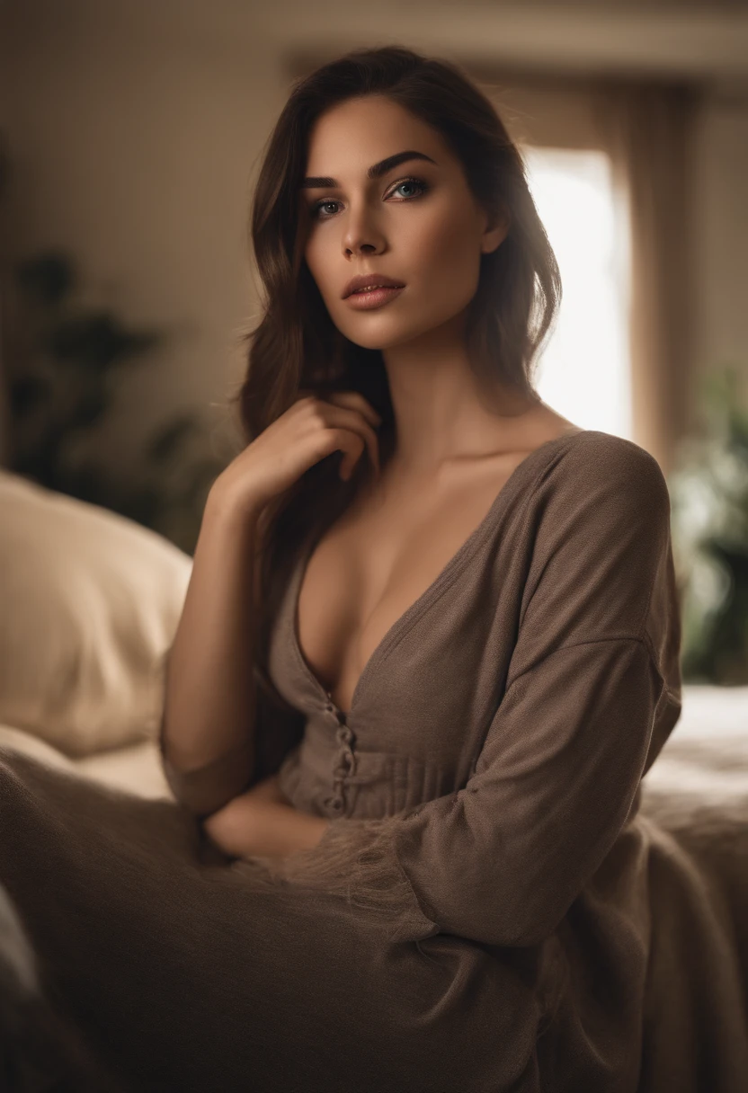 arafed woman fully , sexy girl with brown eyes, ultra realistic, meticulously detailed, portrait sophie mudd, brown hair and large eyes, selfie of a young woman, violet myers, without makeup, natural makeup, looking directly at the camera, face with artgram, subtle makeup, stunning full body shot kneeling on bed, in bedroom, medium to large size bust