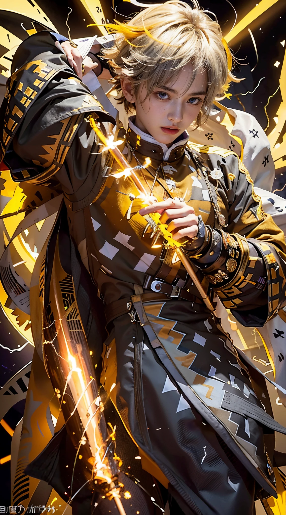 (Numerous award-winning masterpieces, with incredible details), ((Extremely beautiful young boy's face)), (extremely detailed realistic boy's face features), (beutiful eyes), ((finely detailed true circle Symmetrical grey purple eyes)), (A majestic sight), blond hair that fades to orange, Serious expression, manly charismatic expression, hold a beautiful long katana emitting lightning, fantasy lightning, badass, wears a white triangle patterned yellow haori,