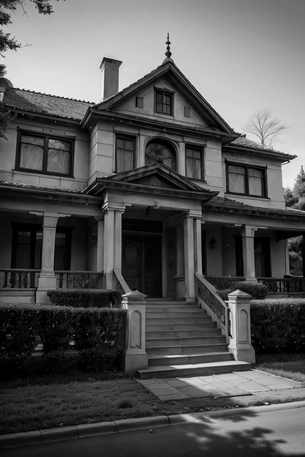 scary, mystery, mansion, facade, greyscale