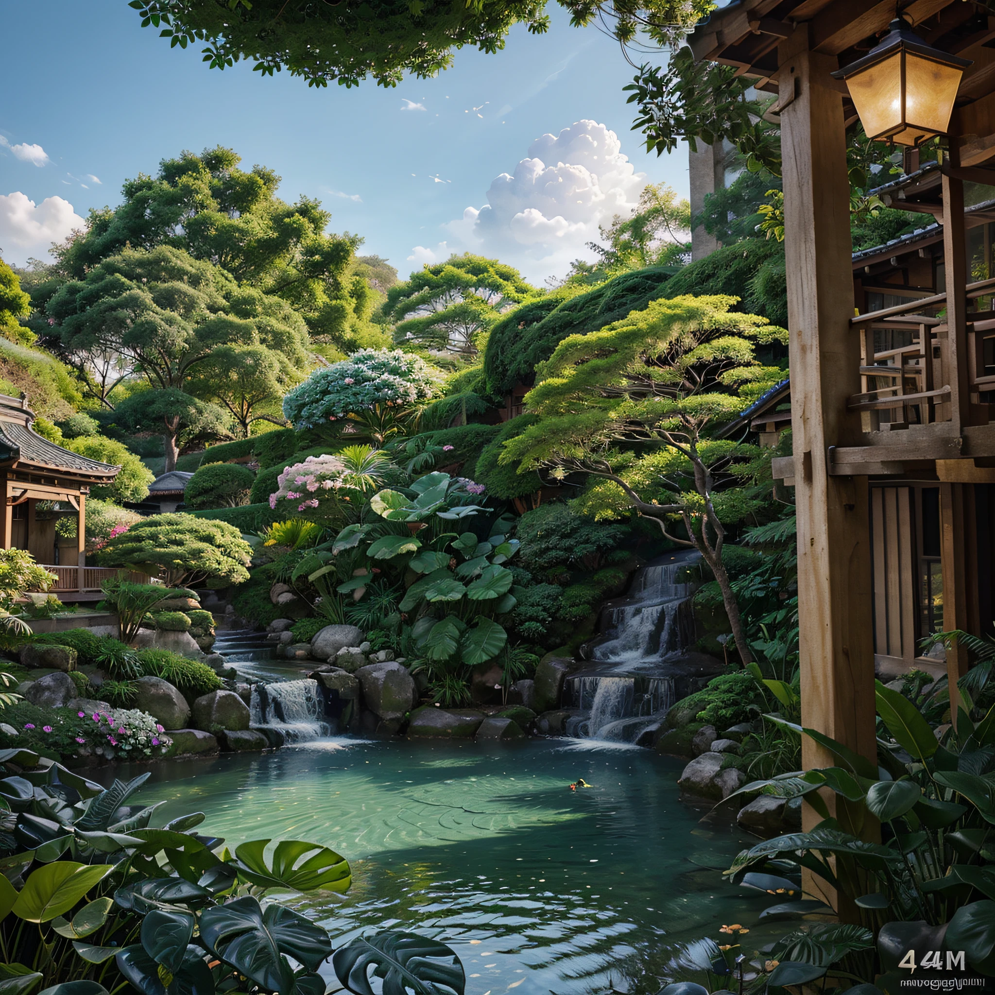 painting of Chongqing view garden, beautiful calm lofi vibe,monstera plant, hanging lights, characteristic Japanese garden, potted plants , colors lit, shadow light contrast, blue sky with white clouds, flowers, 4k hd, cloud,beautiful art uhd 4 k, a beautiful artwork illustration, beautiful digital painting, highly detailed digital painting, beautiful digital artwork, detailed painting 4 k, very detailed digital painting, rich picturesque colors, bright and vibrant colours. gorgeous digital painting,