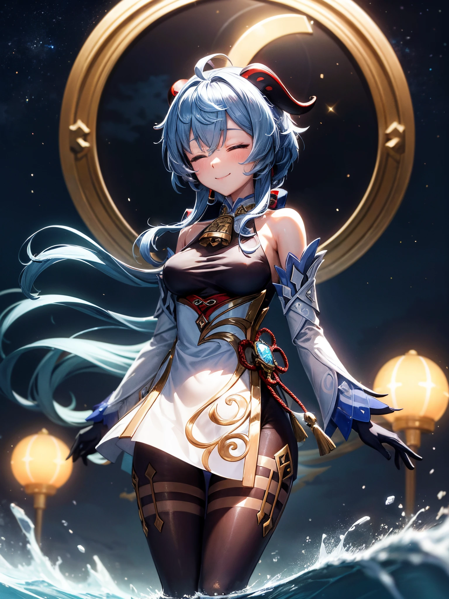 Ganyudef, upper body, standing in water, night, starry sky, shooting stars, beautiful sky, (1girl), smile, eyes closed, praying, horns beautiful anime artwork, ultrasharp, masterpiece, high res, 8k, thick thighs