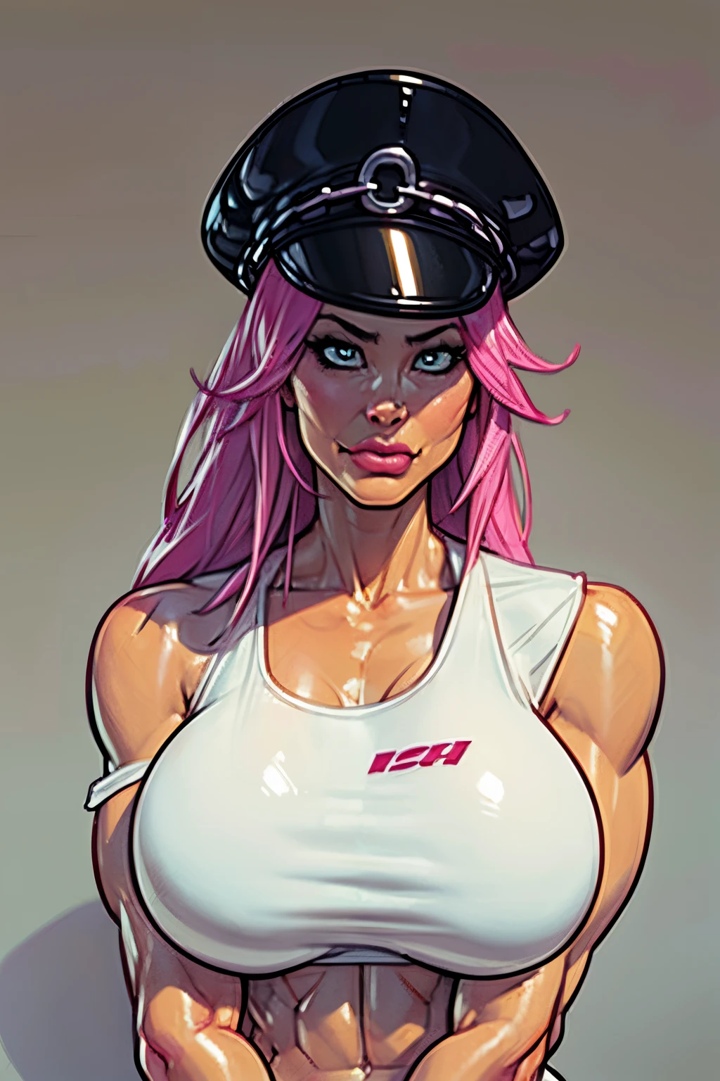 Final fight, ((Poison)) from street fighter,(big breast:1.5),dynamic poses, pink hair, wide chest,big chest, ((white tank top)), denim shorts, police cap, (detailed face:1.3), puffy lips, perfect nose, super perfect body curve,S-shaped body,waifu (18 years old)-hot daddy-frivolity-body language, fit figure, bad laughing,gorgeous perfect face, realistic style and super detailed renderings, superrealism,kawaii, zbrush, super-realistic oil, contour shadow-process - ((Waiting to start))