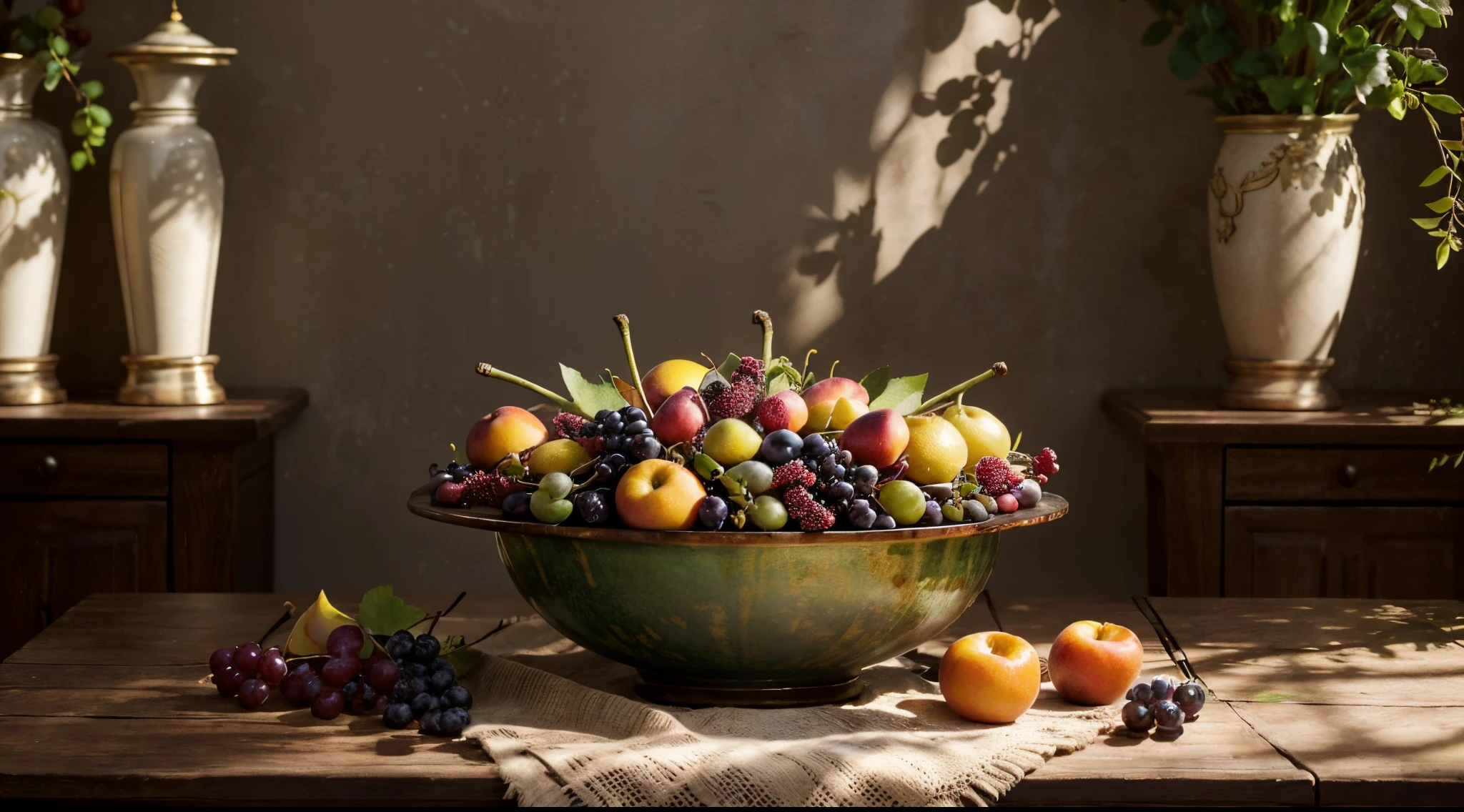 Create an image reminiscent of a cinematic masterpiece, capturing the essence of a cornucopia of nature's most exquisite fruits. Picture a scene set in a soft, diffused light, resembling a painter's canvas brought to life. The focal point of the image should be a rustic wooden table adorned with an abundant variety of fruits—glistening strawberries, perfectly ripe oranges, succulent grapes, vibrant blueberries, luscious peaches, and exotic fruits like dragonfruit and kiwi. These fruits should be arranged with artistic precision, their colors and textures evoking a sense of temptation and indulgence. Surround this tableau with elements that enhance its allure—subtle foliage in the background, perhaps a hint of dappled sunlight cascading onto the fruits, creating a captivating interplay of shadows and highlights. The composition should exude a feeling of opulence and natural beauty, reminiscent of a still-life painting that one might find in a museum. Ensure that each fruit is exquisitely detailed, highlighting its freshness, juiciness, and natural imperfections that add to its charm. Emphasize the richness of colors and textures, and convey a sense of mouthwatering appeal that makes the viewer long to reach out and savor these tantalizing fruits.