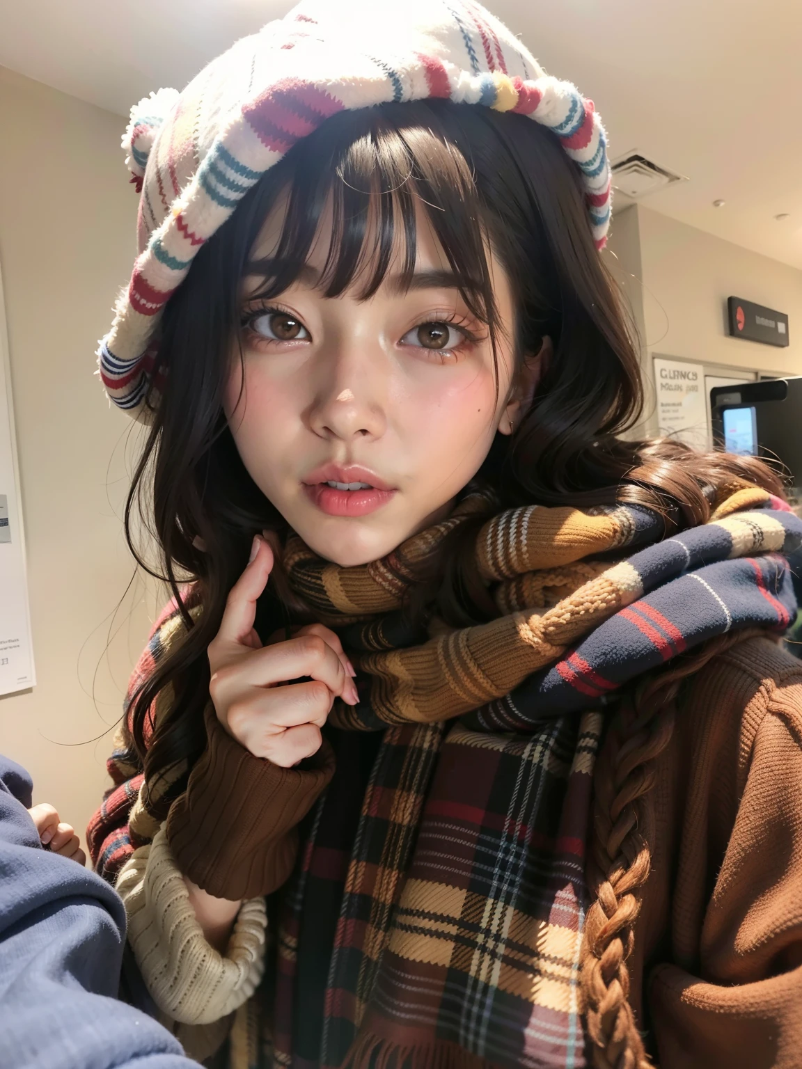 puffy woman in plaid hat and scarf posing for a photo, Ulzzang, Chiho, Shikami, Ela tem cabelo preto com franja, Heonhwa Choe, Jinyoung Canela, menina coreana, Dom Yunjoo, Jaeyeon Nam, Kotegawa Yui, Shiori Teshirogi, Parque Roseanne do Blackpink, Kim Doyoung