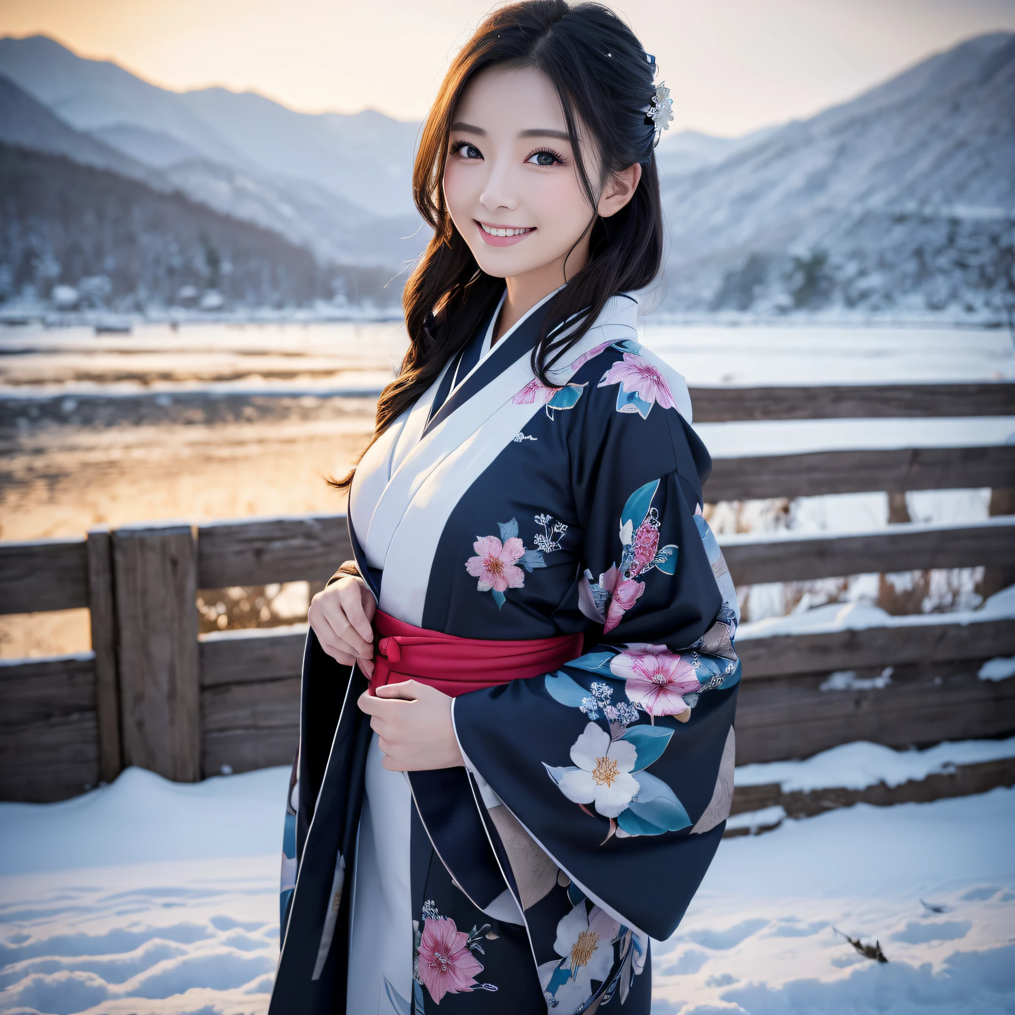 (Super beautiful woman in kimono)、((best qualtiy、8k masterpieces:1.3))、foco nítido:1.2、(ultra beautiful faces:1.0)、(shinny skin:1.0)、photos realistic、A dark-haired、Video Lighting、High-definition eyes and face、Video Lighting、Japanese actressl、from the front side、medium breasts、With a happy smile、Slender Abs Beauty、Whole body、wearing kimonos、In a snowy landscape in the middle of winter、Obi