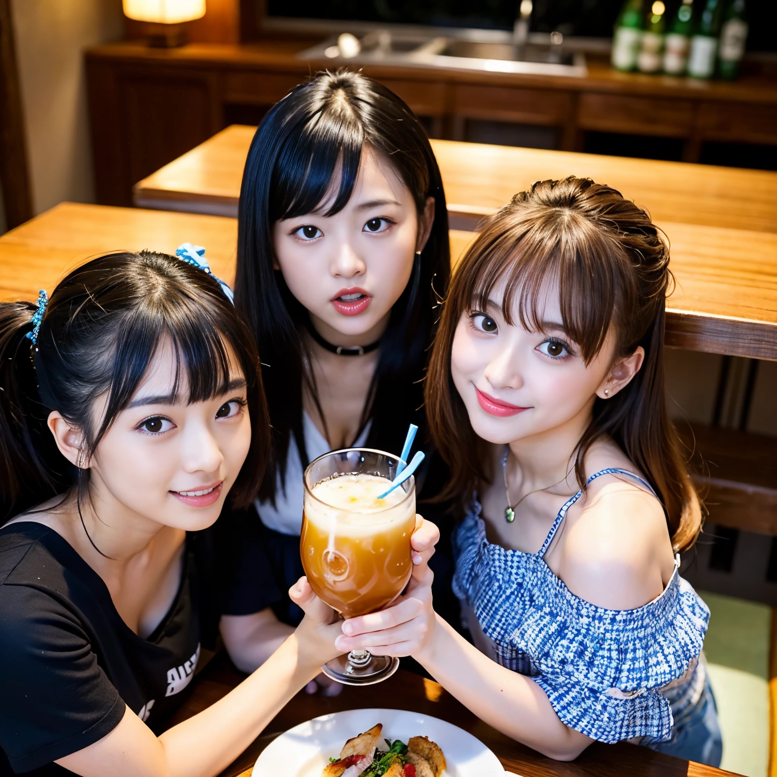 Best-quality, Masterpiece, Ultra-High-Resolution, (Photorealistic:1.4), Raw-Photo, Extremely-Details, Perfect-Anatomy,
(((at Japanese pub, from above, photo of 3girls having a lot of fun at drinking party))),
(((All members of the most popular Japanese idol group, all 15-years-old))), all extremely cute faces, all extremely beautiful big black solid circle eyes, all extremely beautiful hair, (((all completely drunk and high on cocaine))), all wearing cute design clothes,
all detailed cute face, all detailed extremely beautiful big black solid circle eyes, all detailed extremely beautiful hair, all detailed beautiful realistic skins, all detailed extremely beautiful bodies, detailed cute design clothes, detailed Japanese pub, detailed lots of alcohol and foods on table, detailed illegal drugs a little on table