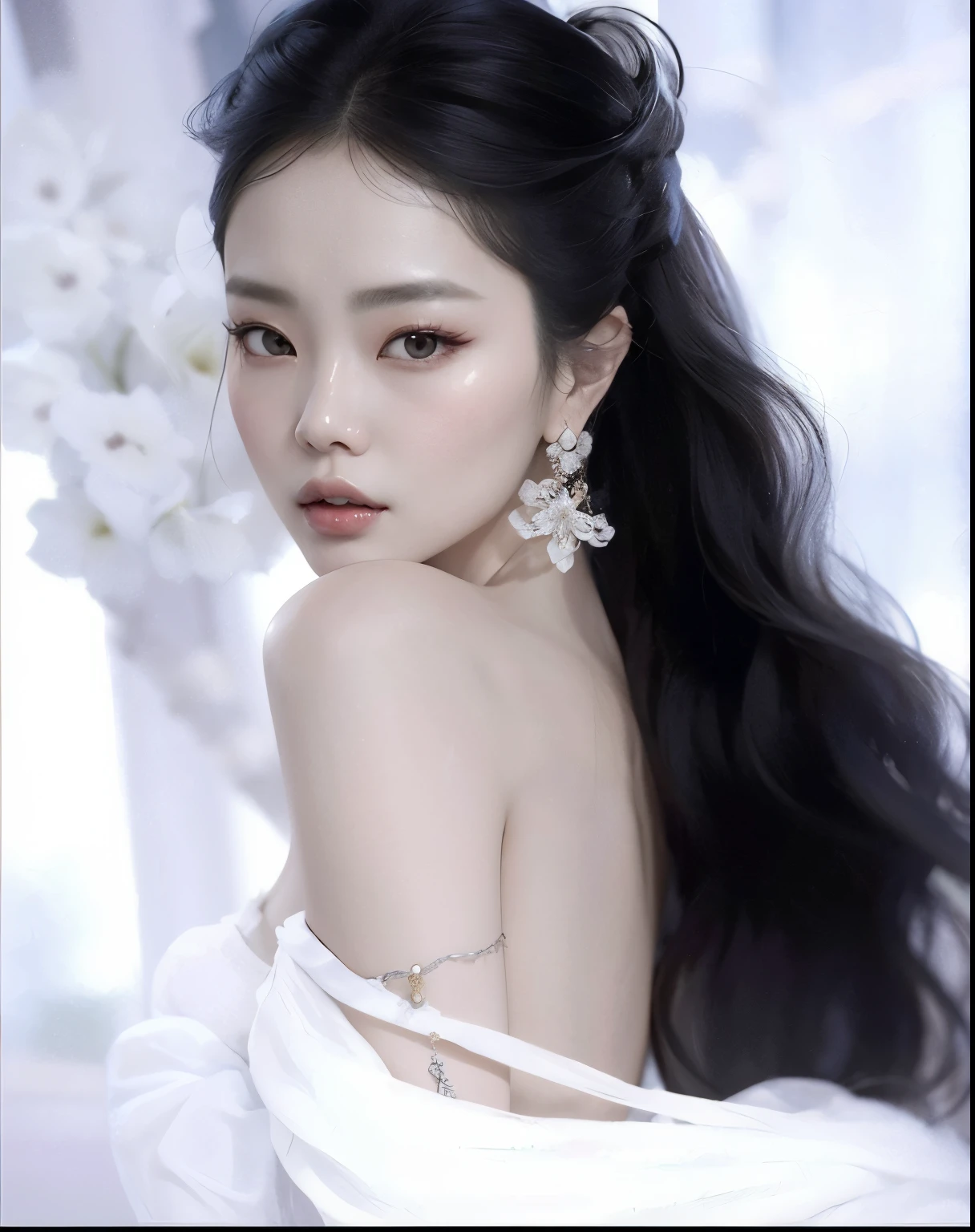 um close up de uma mulher com cabelos longos usando um vestido branco, Mulher sul-coreana bonita, Sha Xi, Jingna Zhang, jia, Ruan Jia Lindo!, Gongbi, Hwang SE - EM, jennie blackpink, Xintong Chen, Directed by: Jin Nong, Heonhwa Choe, Krystal, inspirado em Jin Nong, inspirado em Zhang Yan