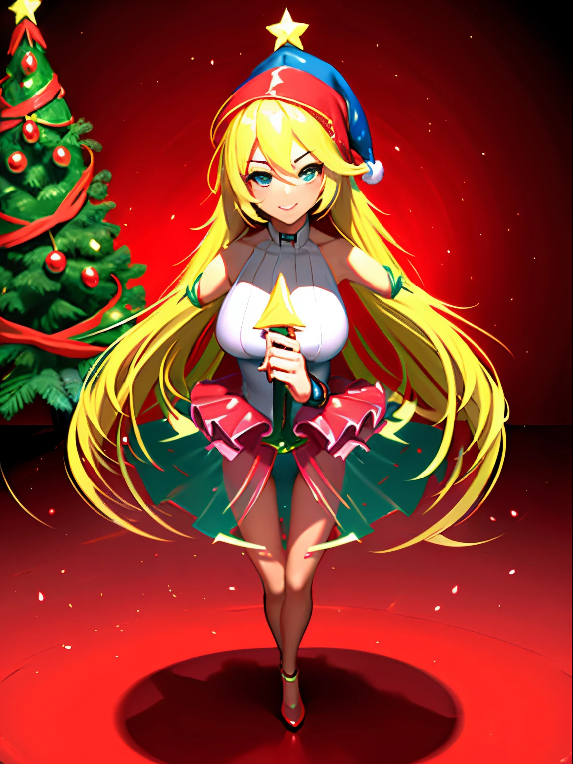 Dark magician gils con vestido rojo,((see through)), extremadamente detallado, rubio,(((Mini falda diminuta))), ((skirt lift)),(((tanga visible))),Sonriendo, ojos azules, realista, tacones rojos, (((Navidad))), escote, ((christmas tree, Regalos)), cabello rubio, navidad de Magia. Pose sejustiva y sensual. Con las manos hace un Carazo en su pecho