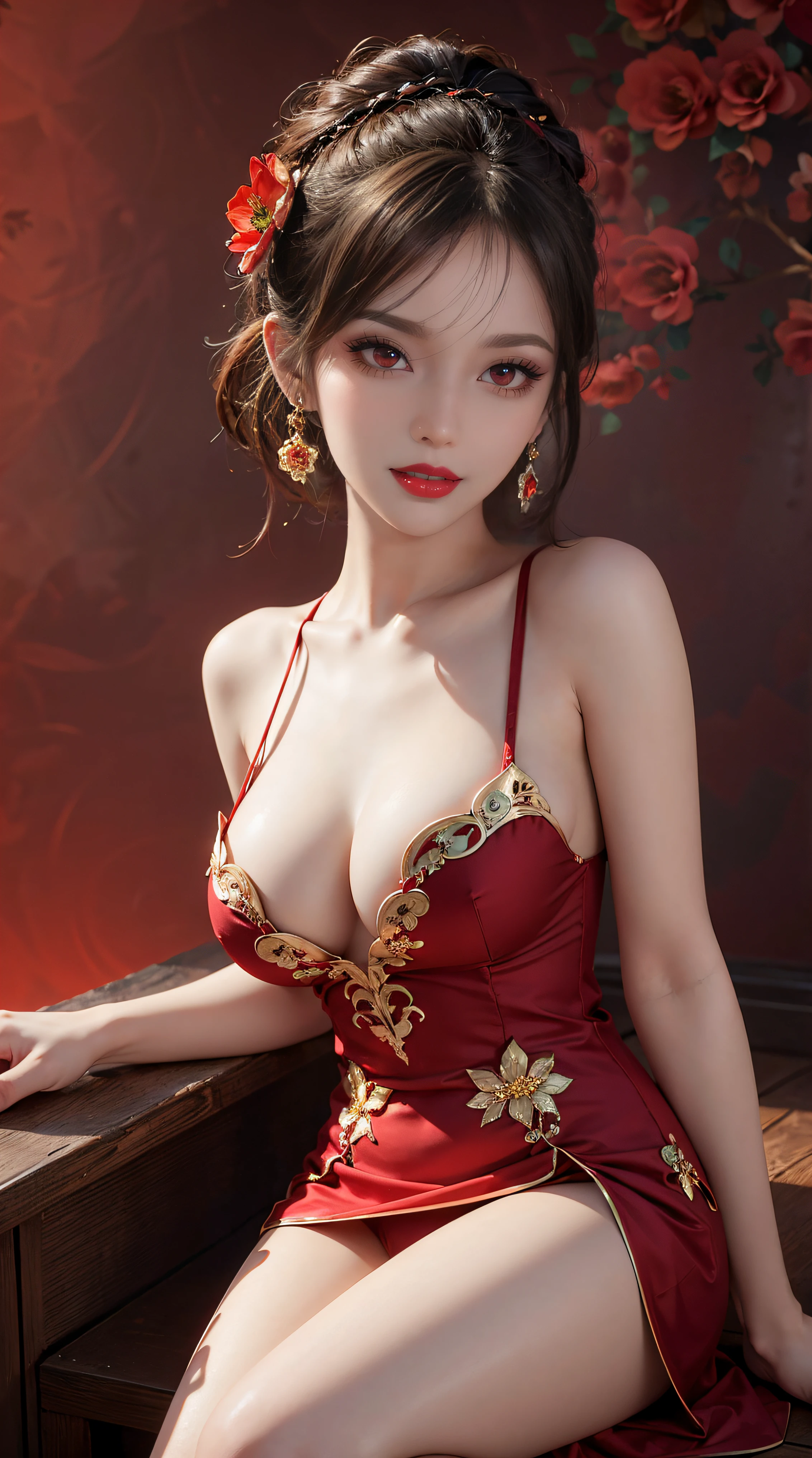 "1 beautiful girl in traditional costume, wearing a traditional Chinese ao dai in luminous red, Ao dai with red as the main color, black chest border and gold border, long hair and white bangs, hair jewelry most detailed and beautiful, Super cute little face, Extremely pretty face, sparse eyebrows, most flawless beautiful face, ((black pupil:0.8)), very beautiful eyes, ((eyes red:1.4)), beautiful and detailed eyelashes and very magical makeup, high nose, earrings, thin lips, red lips, no smiling, beautiful lips, rosy face, clean face, flawless beautiful face , smooth white skin, (big breasts: 0.9)), Blums breasts, ((big and super round breasts): 0.9)), ((super tight breasts: 1.2)), ((breast augmentation: 0.8)), beautiful breasts, sitting on the floor, Sitting with legs wide open, thighs wide and not shy, hands behind back, chest forward, leaning back slightly, beautiful girl's upper body, 8k photo, super high quality, hyper realistic, 10x super pixels, photo realistic, bright studio, bright edges, two-tone light color, (high detail) skin: 1.2), 8k ultra, soft light, high quality , volumetric lighting, realistic, Photos, high resolution, light, best photo, 4k, 8k quality, blur effect, Smooth and sharp, 10x pixels, aurora, lightning, super graphics , most realistic graphics,(Red flower background: 1.7), alone, solo, portrait 9:16, Extremely sharp, surreal image., (NSFW:1,7), pubic hair, spread legs, view from below, , transparent outfit, cameltoe"