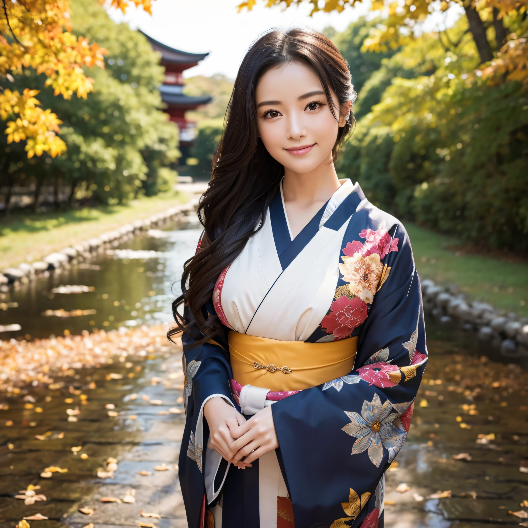 (Super beautiful woman in kimono)、((best qualtiy、8k masterpieces:1.3))、foco nítido:1.2、(ultra beautiful faces:1.0)、(shinny skin:1.0)、photos realistic、A dark-haired、Video Lighting、High-definition eyes and face、Video Lighting、Japanese actressl、from the front side、medium breasts、With a happy smile、wearing kimonos、Under the autumn leaves、finest obi