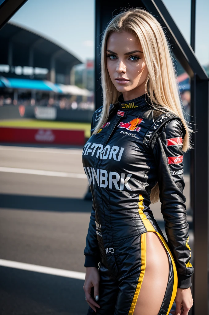 ((formula 1, motor sport, beauty paddock girl)), monsters energy girls, ((wears a top)), studded collar, Beautiful girl with accentuated slender abs: 1.4, Sixpack Bauchmuskeln: 1.4, Bust Botox, Foto, Sharpness, Unikat 850 4, Koda850 k portrait camera, Formel 1.6 Linsen, Ultra-realistische Texturen, spectacular light textures, Cinestil 800 Modemechanik, (Futuristische Sci-Fi-Kampfmode, Ellbogen- und Knie-Cyberpad, Cyber Lange Stiefel,