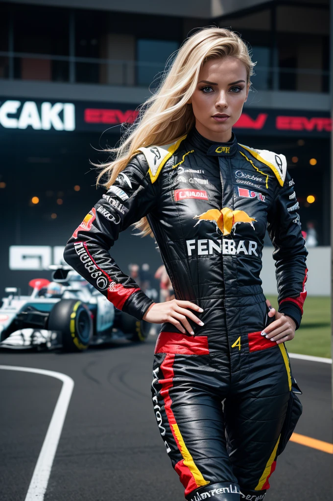 ((formula 1, motor sport, beauty paddock girl)), monsters energy girls, ((wears a top)), studded collar, Beautiful girl with accentuated slender abs: 1.4, Sixpack Bauchmuskeln: 1.4, Bust Botox, Foto, Sharpness, Unikat 850 4, Koda850 k portrait camera, Formel 1.6 Linsen, Ultra-realistische Texturen, spectacular light textures, Cinestil 800 Modemechanik, (Futuristische Sci-Fi-Kampfmode, Ellbogen- und Knie-Cyberpad, Cyber Lange Stiefel,