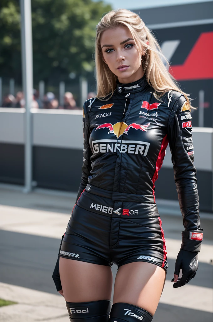 ((formula 1, motor sport, beauty paddock girl)), monsters energy girls, ((wears a top)), studded collar, Beautiful girl with accentuated slender abs: 1.4, Sixpack Bauchmuskeln: 1.4, Bust Botox, Foto, Sharpness, Unikat 850 4, Koda850 k portrait camera, Formel 1.6 Linsen, Ultra-realistische Texturen, spectacular light textures, Cinestil 800 Modemechanik, (Futuristische Sci-Fi-Kampfmode, Ellbogen- und Knie-Cyberpad, Cyber Lange Stiefel,