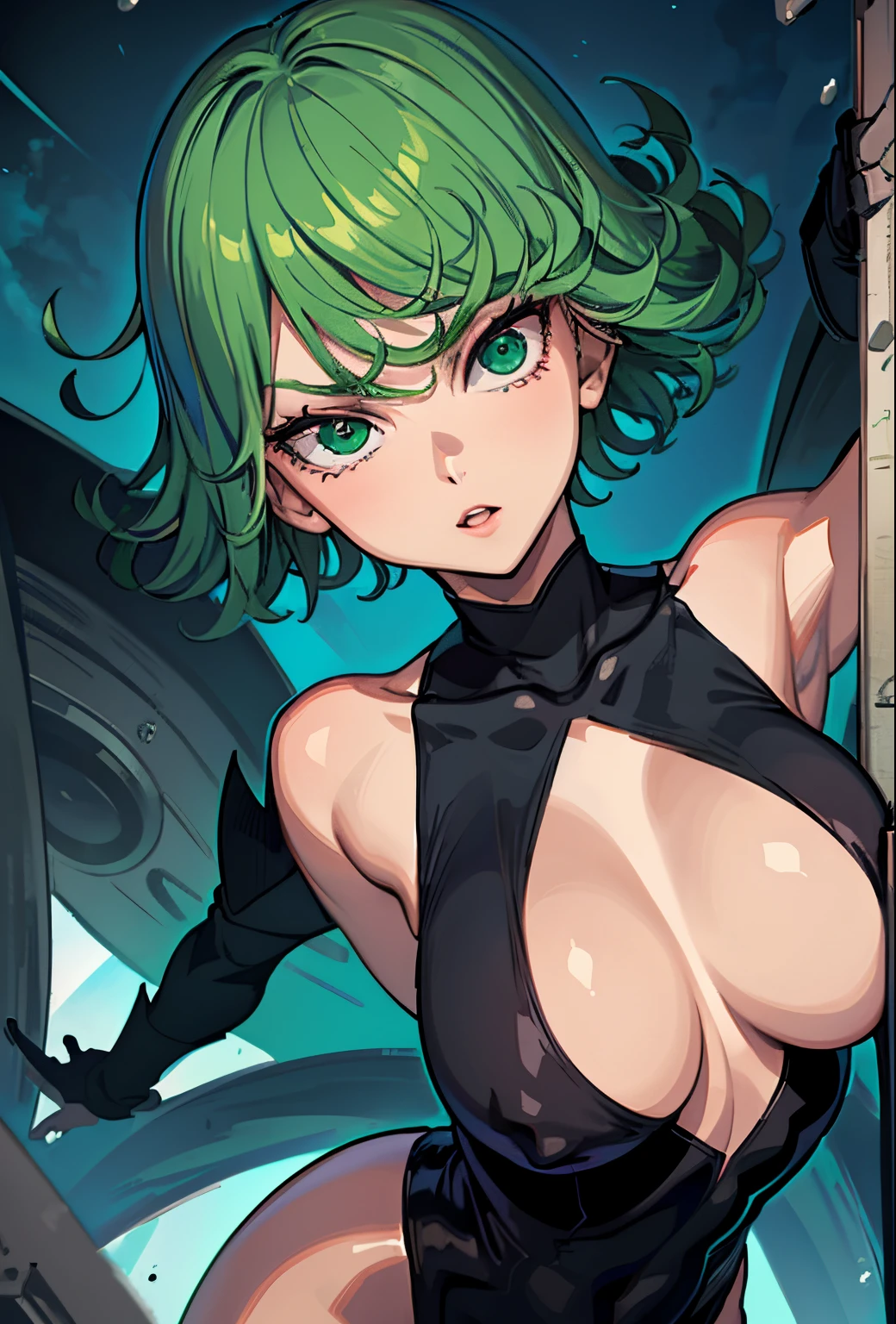 (beste-Qualit, 8K, 12), 1 girl, tatsumaki, Short Hair Hair, green hair, Huge-breasts, child, the perfect body, ultra detail face, detailed lips, Slender Eyes, gown, stands, enticing, Excited, convex areolas, steam, From Bottom