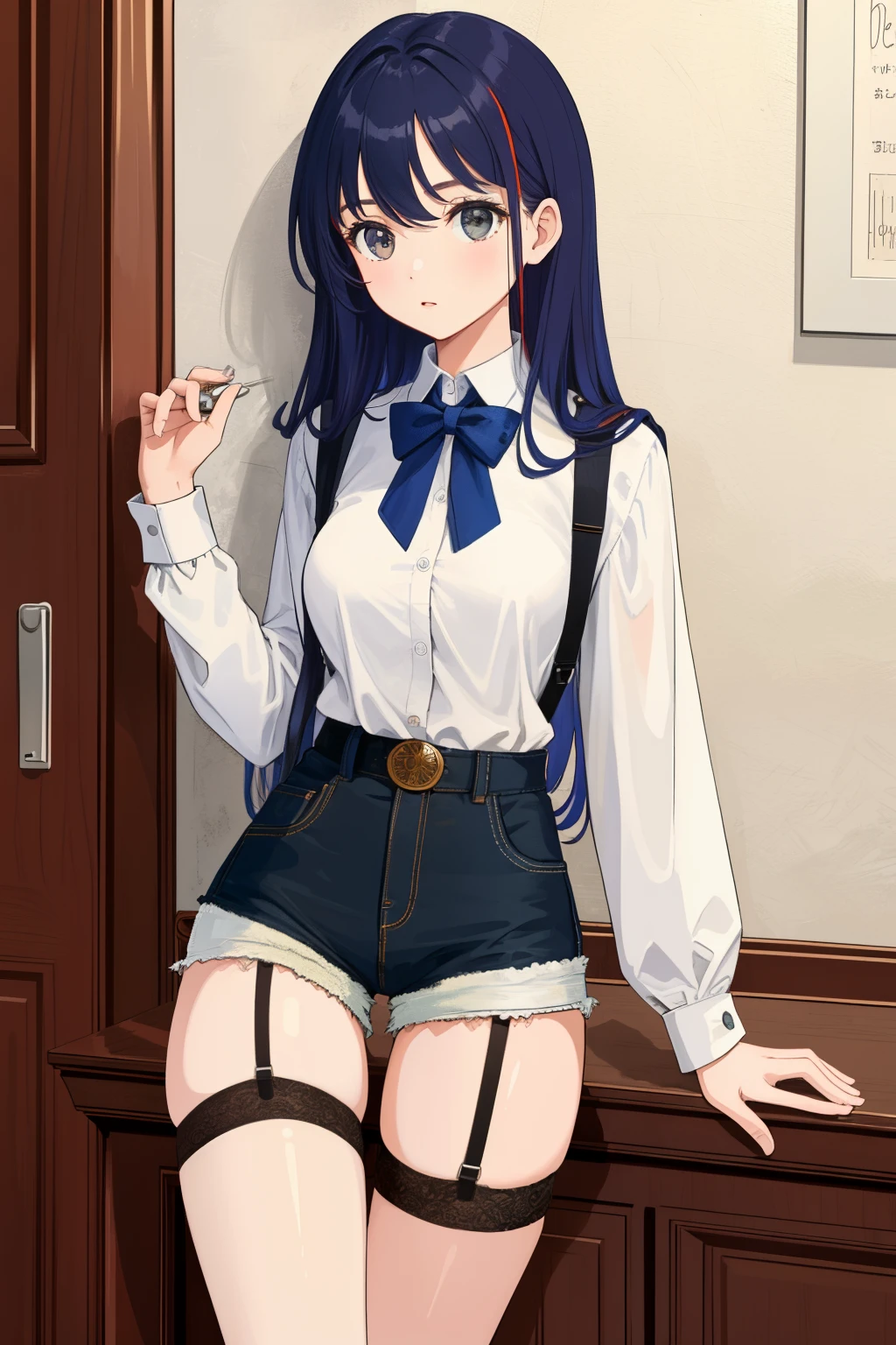 ((masterpiece, best quality)), 1girl, tall, cute young woman, colored hair, white shirt, shorts, black garter belt
