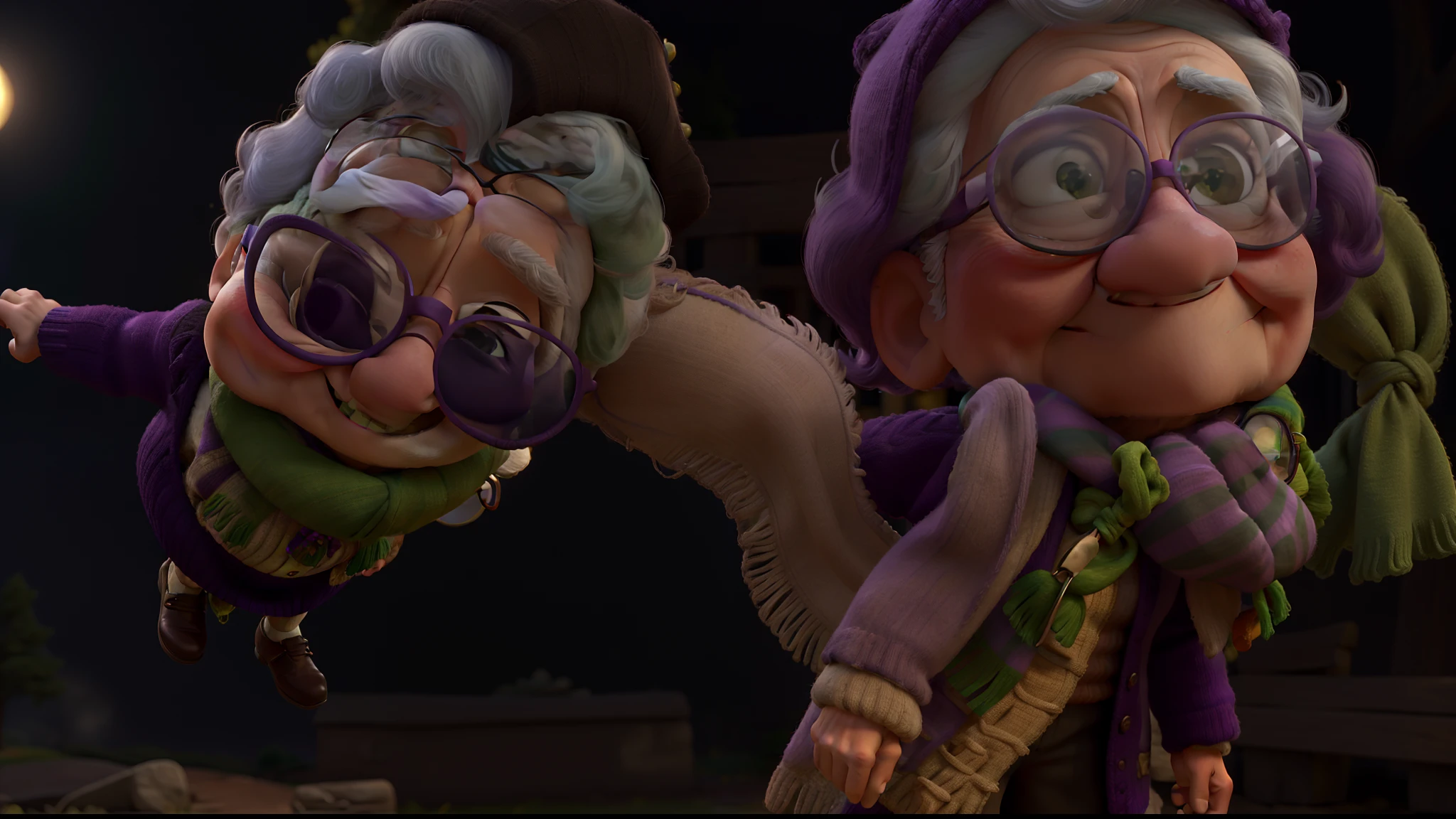 masterpiece, best quality, an old woman with glasses and a scarf on, wearing a purple coat and green scarf, standing at the park
