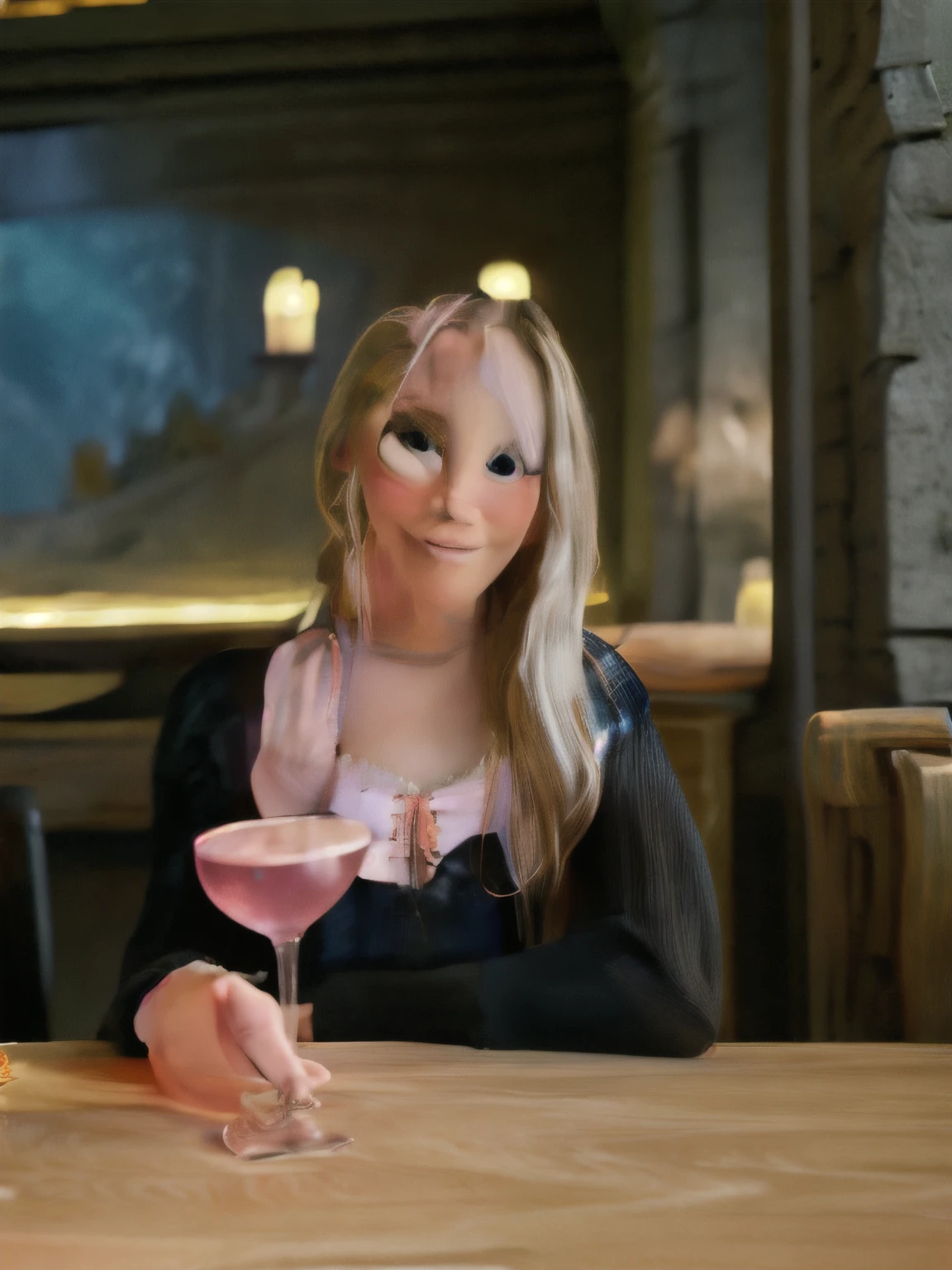 Rapunzel sits at the table, holding a glass of rose wine in hand.