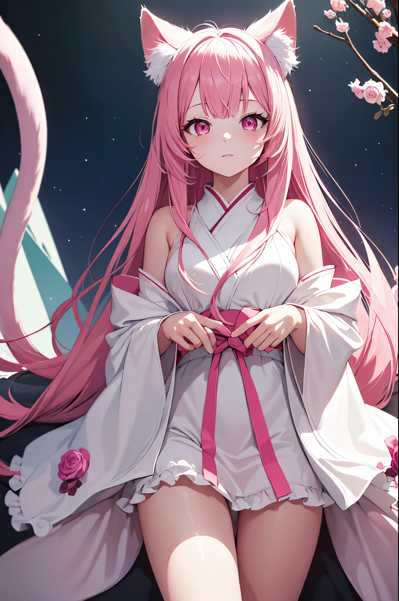 absurd res, hight resolution, (Masterpiece:1.4), Ultra-detailed, 1girl, From directly above, Space, Floating, White+Crozzy kimono dress, Pink Dress, black stockings, light pink hair, pink eyes,  long fluffy cat ears, Fluffy cat ears up, long cat fluffy ears, pink eyes, rose hair, The Lycian race, pink fluffy tail