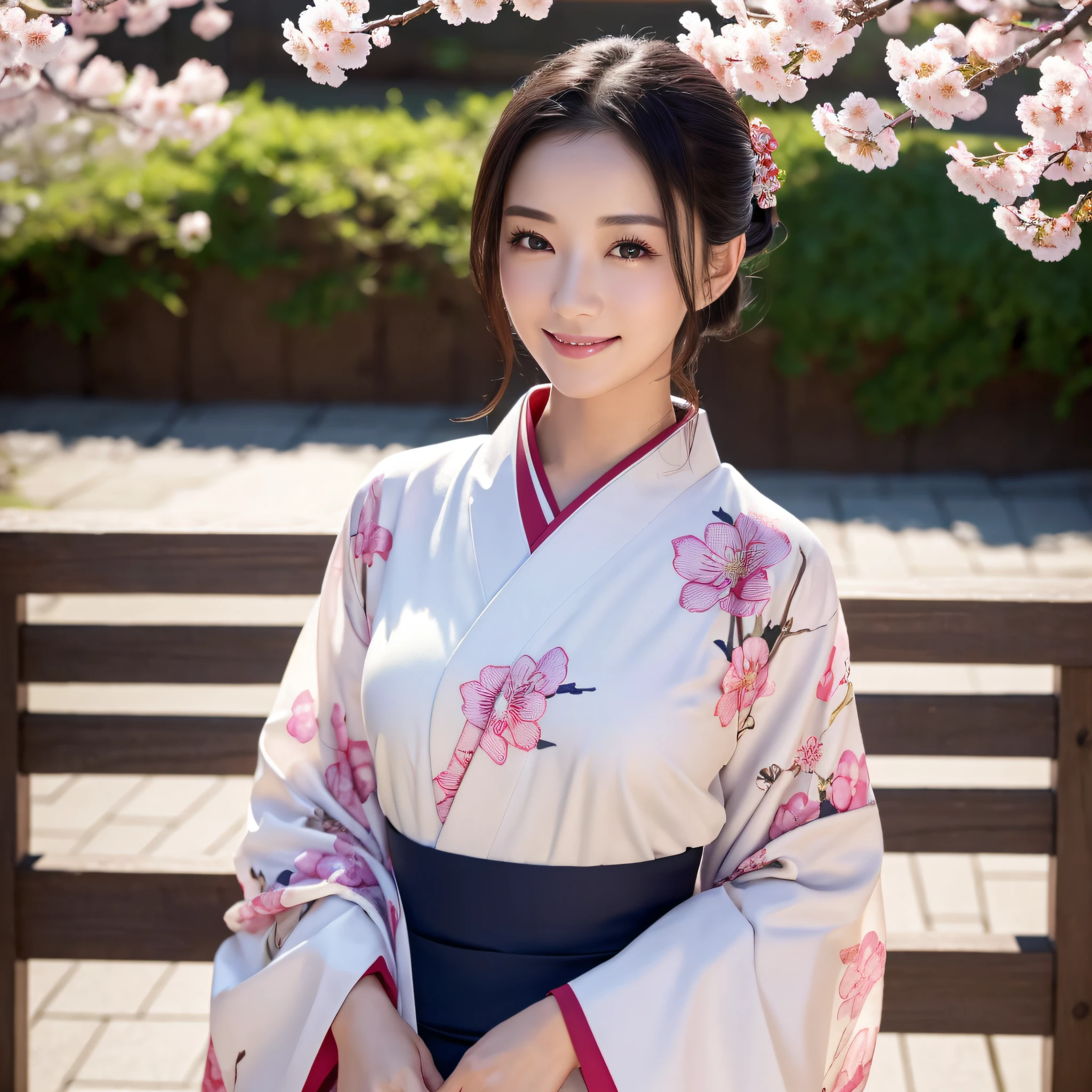 (Super beautiful woman in kimono)、((best qualtiy、8k masterpieces:1.3))、foco nítido:1.2、(ultra beautiful faces:1.0)、(shinny skin:1.0)、photos realistic、A dark-haired、Video Lighting、High-definition eyes and face、Video Lighting、Japanese actressl、from the front side、medium breasts、With a happy smile、Slender Abs Beauty、Whole body、wearing kimonos、cherry blossom in full bloom、High-class obi