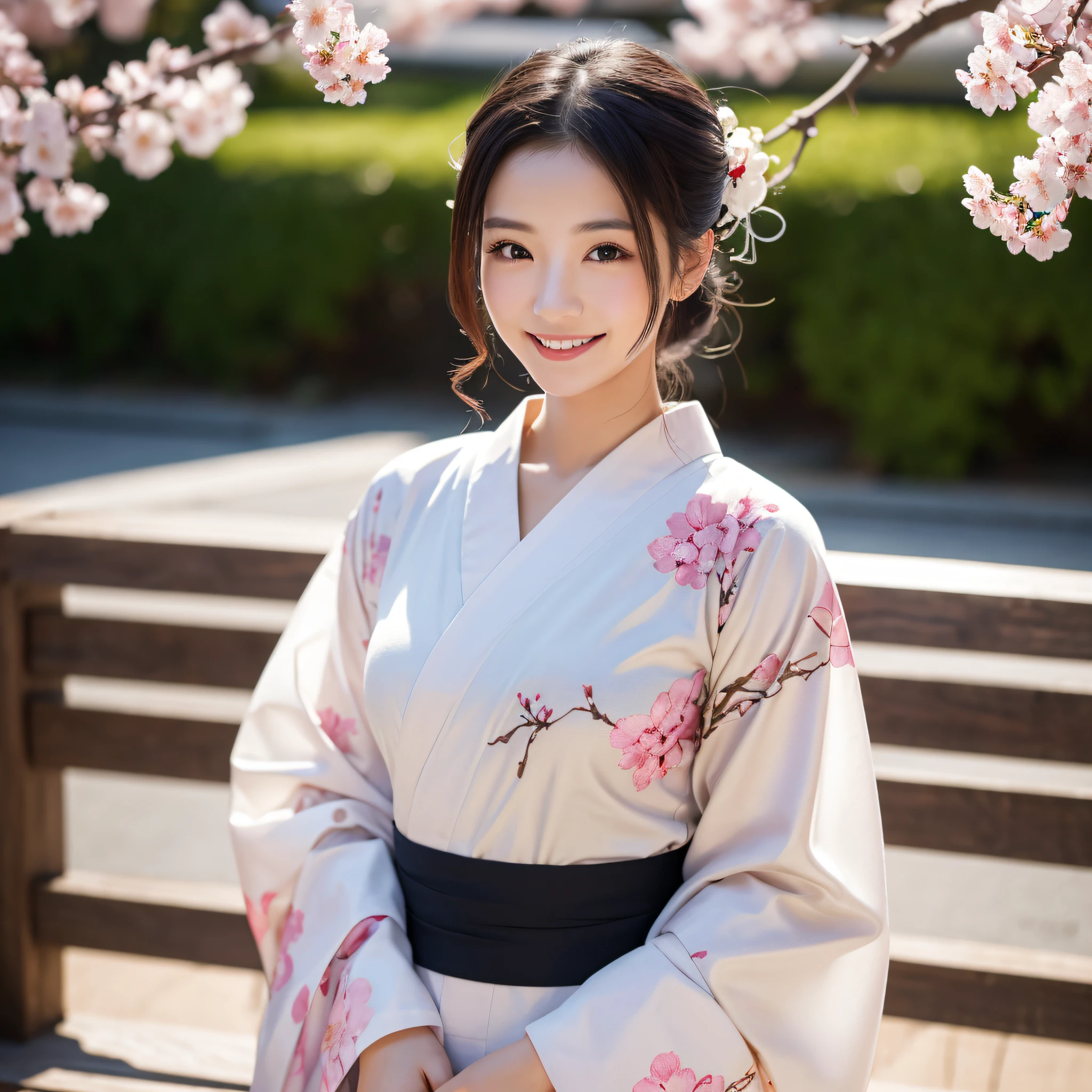 (Super beautiful woman in kimono)、((best qualtiy、8k masterpieces:1.3))、foco nítido:1.2、(ultra beautiful faces:1.0)、(shinny skin:1.0)、photos realistic、A dark-haired、Video Lighting、High-definition eyes and face、Video Lighting、Japanese actressl、from the front side、medium breasts、With a happy smile、Slender Abs Beauty、Whole body、wearing kimonos、cherry blossom in full bloom、High-class obi