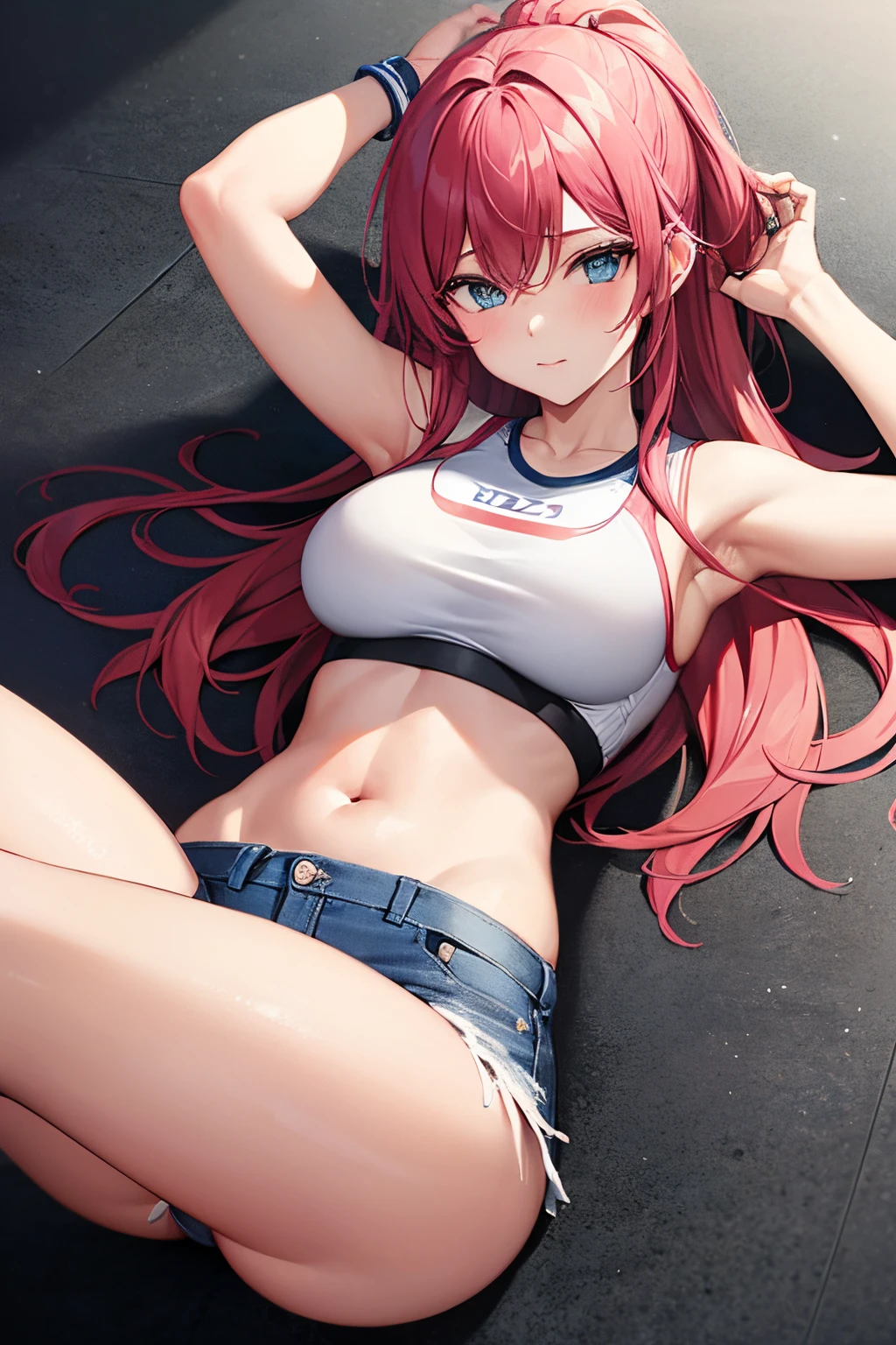 1girls, wears white sportswear, wears blue short jeans, Perfekter Bauch, schlank, red haire