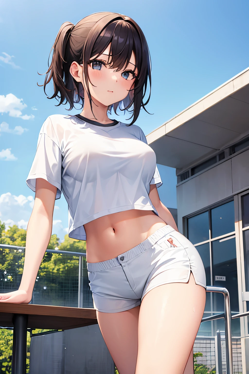 1girls, rennt auf einem sportplatz, breasts move, wearing a white shirt and shorts