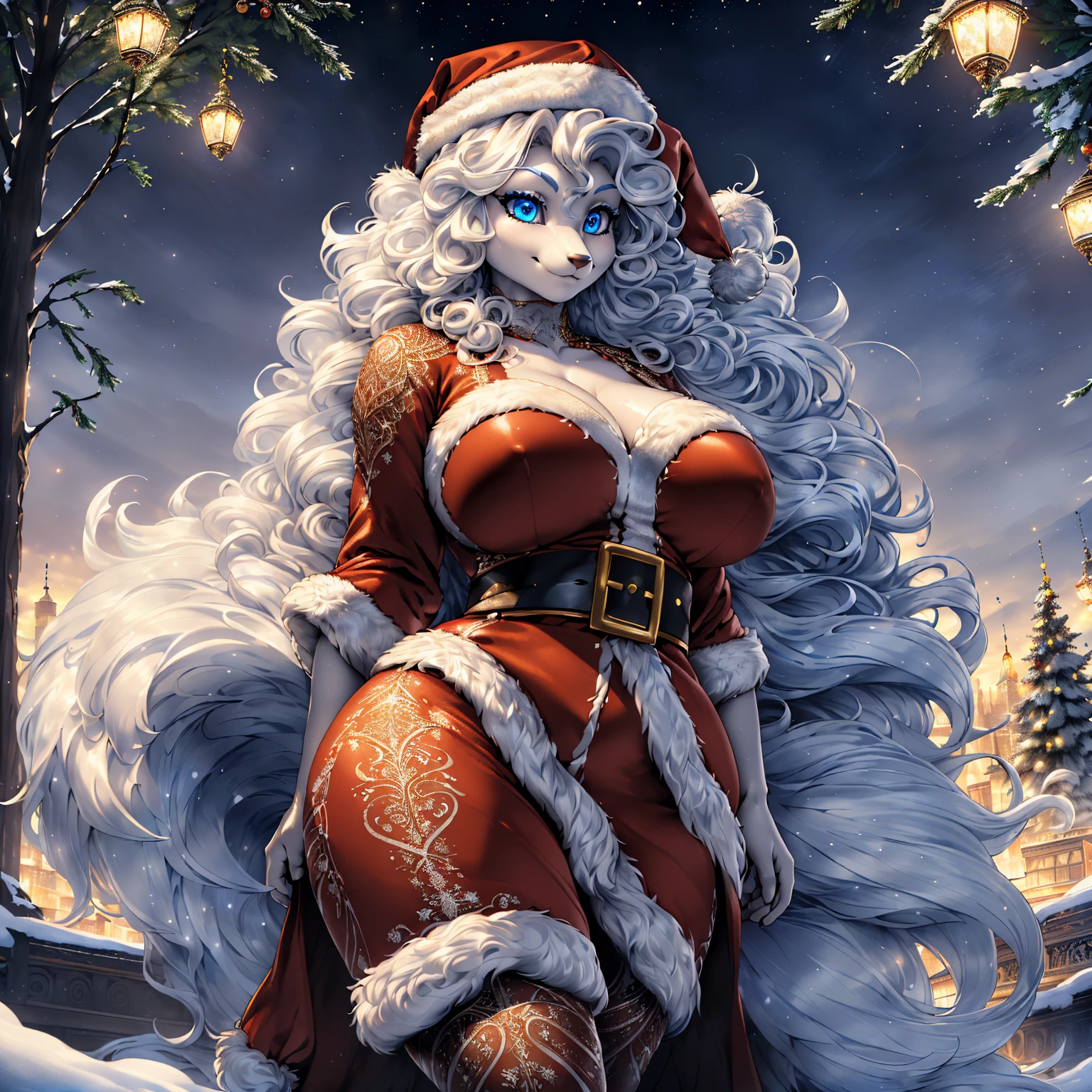 1girl (((Made by Complextree))), (Alolan Ninetales), ((solo)), ((big and firm breasts, antrum, extremely detailed, extremely detailed legs, extremely detailed arms, extremely detailed face, perfectly detailed eyes,perfectly detailed anatomy, Curly hair, Wearing a Santa Claus Cosplay, Background Snowy City))