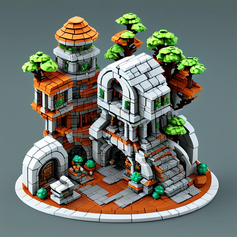 absurderes, Best quality, fantasy, isometry, Kneeling style (Miniature brick round tower:1.2), tree, stone wall, (Simple background:1.2)