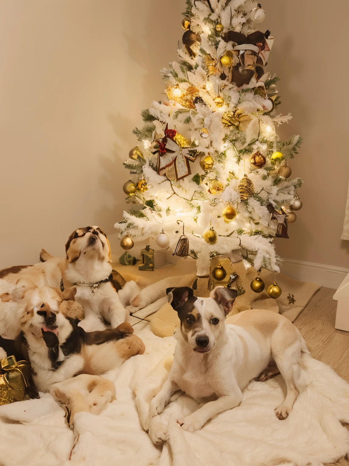 cachorro branco com lado esquerdo preto do rosto, orelha esquerda preta, lying under a Christmas tree