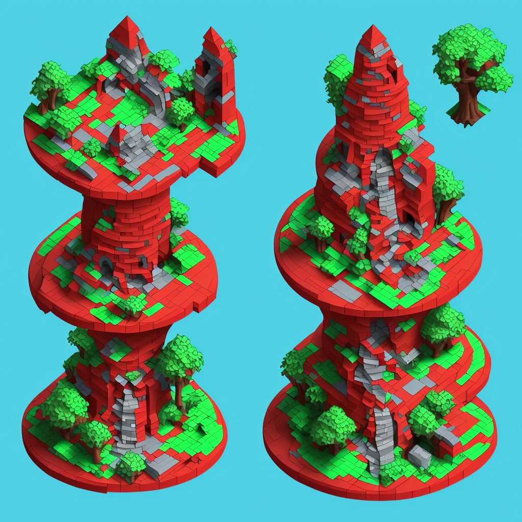 absurderes, Best quality, fantasy, isometry, Kneeling style (Miniature brick round tower:1.2), tree, stone wall, (Simple background:1.2)