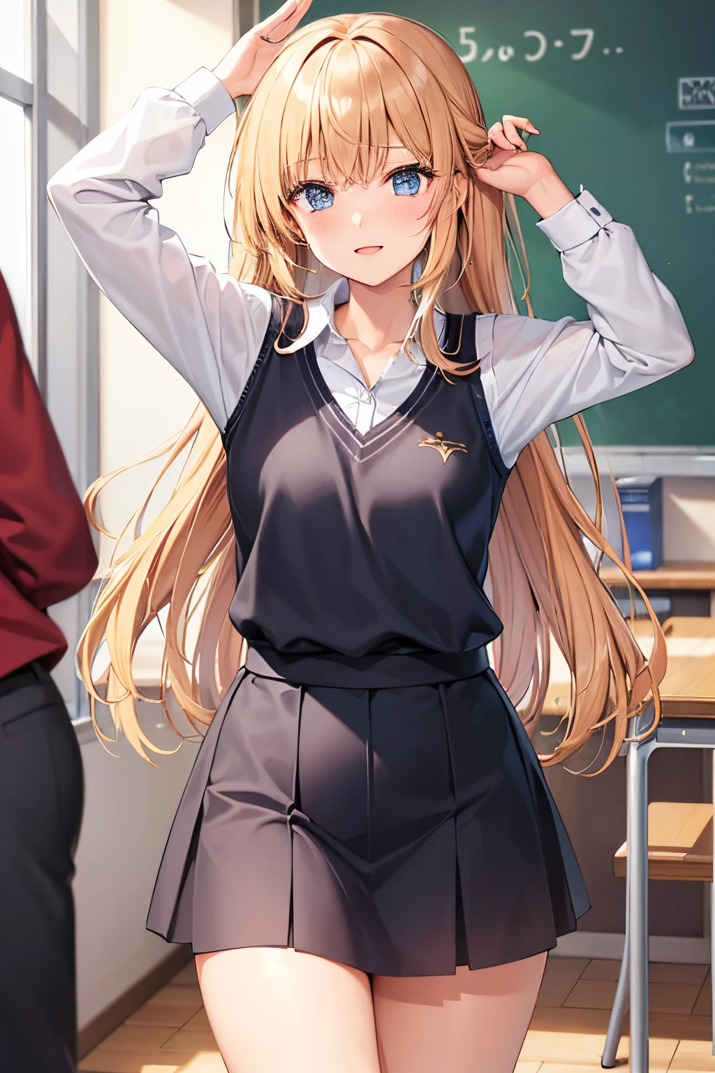 Kizi, wears school clothes, steht vorm schultor, posing randomly, braune Haare
