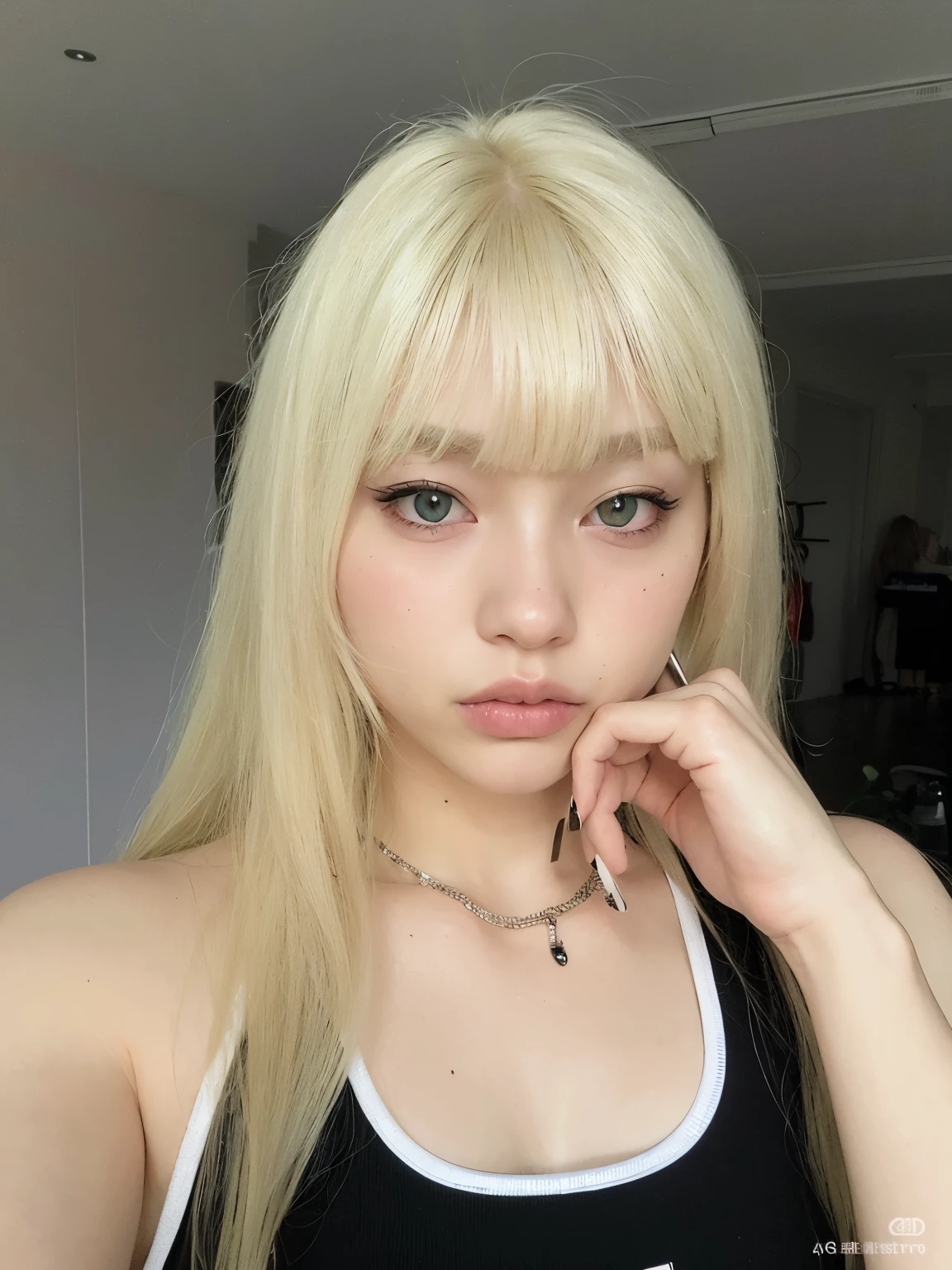 blond girl with long hair and piercings posing for a picture, white bangs, long white hair and bangs, white hime cut hairstyle, hair whitebangs hair, extremely pale blond hair, very very pale blond hair, with full bangs, with bangs, lalisa manobal, with white long hair, long hair with bangs, ulzzang, pale hair