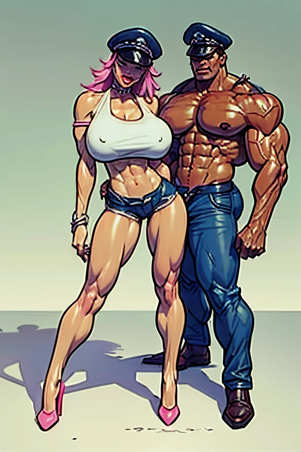 Final fight, ((Poison)) from street fighter,(big breast:1.5),dynamic poses, pink hair, wide chest,big chest, ((white tank top)), denim shorts, police cap, super perfect body curve,S-shaped body,waifu (18 years old)-hot daddy-frivolity-body language, fit figure, bad laughing,gorgeous perfect face, realistic style and super detailed renderings, superrealism,kawaii, zbrush, super-realistic oil, contour shadow-process - ((Waiting to start))