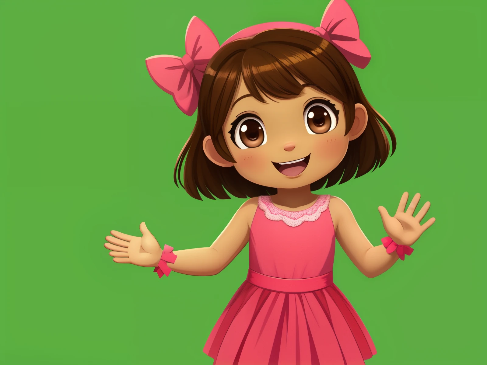 Front image of a single 5 girl, alone, happy, with brown hair, brown eyes, rosy cheeks, waving her hand, green background, chroma key background, pink dress, pink gloves, pink bows on her head, illustration style 2D childish.