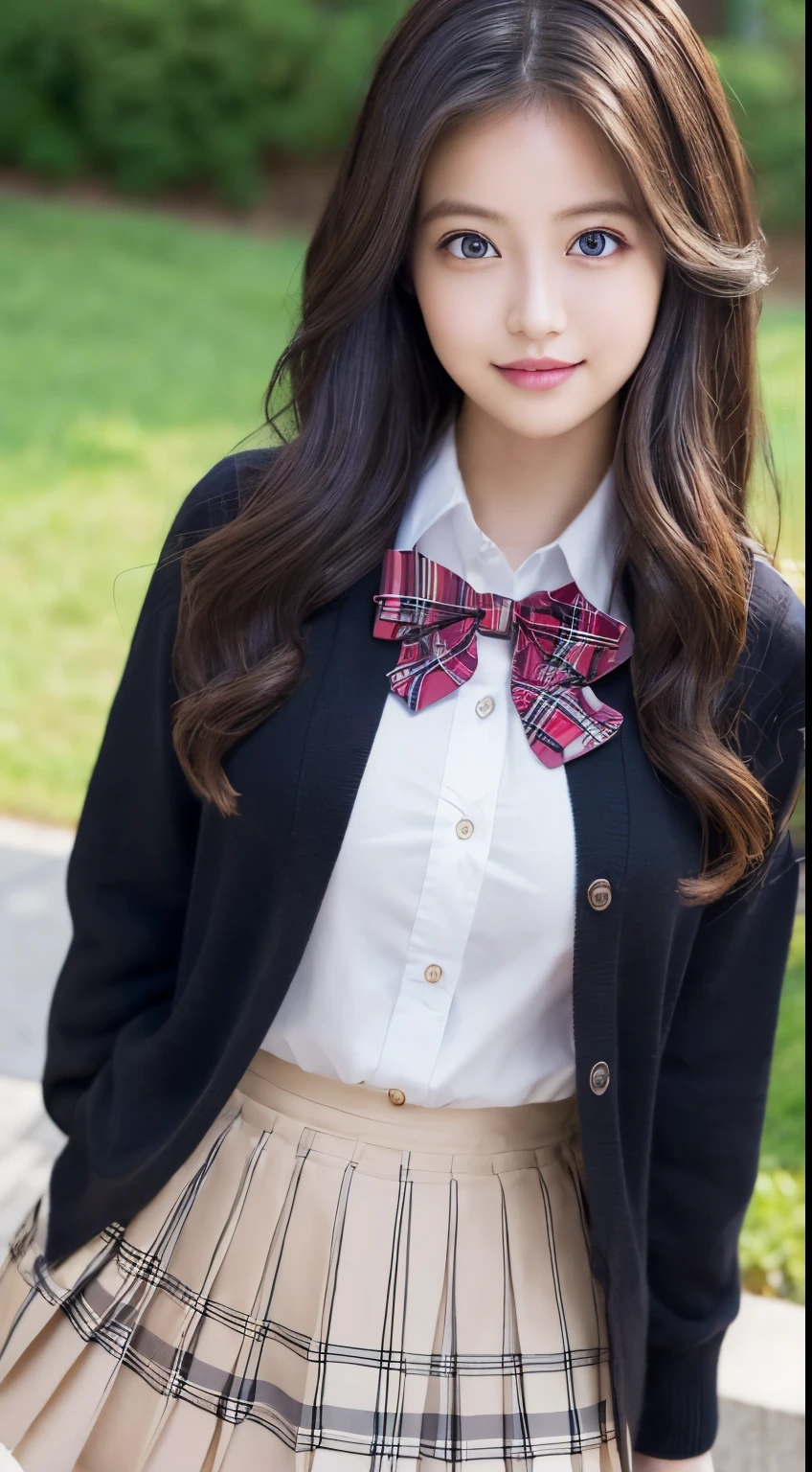 ((masutepiece, Best Quality, hight resolution, nffsw, Perfect Pixel, depth of fields, 4K, nffsw, nffsw))), 1girl in, Single, Solo, Beautiful anime girl, Beautiful Art Style, Anime Character, ((Long hair, Bangs, dark brown hair, Curly hair:0.8)), ((Green eyes:1.4, Detailed eyes, Beautiful eyes, Perfect eyes,Curly eyelashes, Realistic eyes)), ((Detailed face, Blushing:1.2)), ((Smooth texture:0.75, Realistic texture:0.5, Anime CG style)), medium breasts, Dynamic Angle, busty, Perfect body, Dynamic Pose, ((red bowtie, School uniform, Black jacket, Open jacket, Brown cardigan, White shirt, Black skirt, plaid skirts)), Smile, Open mouth, arms behind back, Leaning forward, Amulment Park, ((close up, POV, Cute, Shoot in the face))