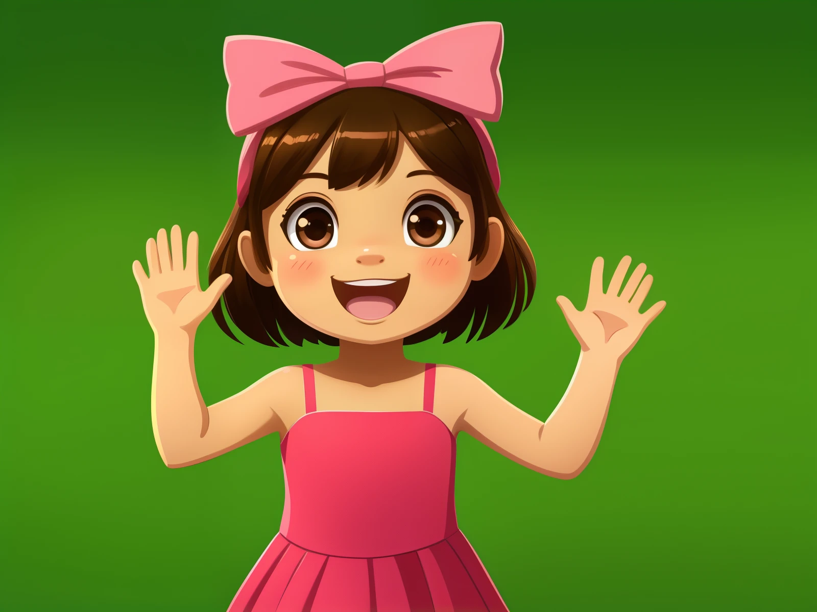 Front image of a single 5 year old girl, alone, happy, with brown hair, brown eyes, rosy cheeks, waving her hand, green background, chroma key background, pink dress, pink gloves, pink bows on her head, illustration style 2D childish.