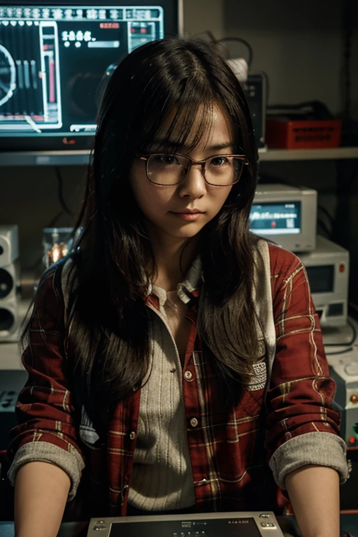chinese girl, square glasses, medium long hair, electronic lab, circuit board, looking at oscilloscope, electric panel in background, 45 degree view, red Plaid shirts, low warm light