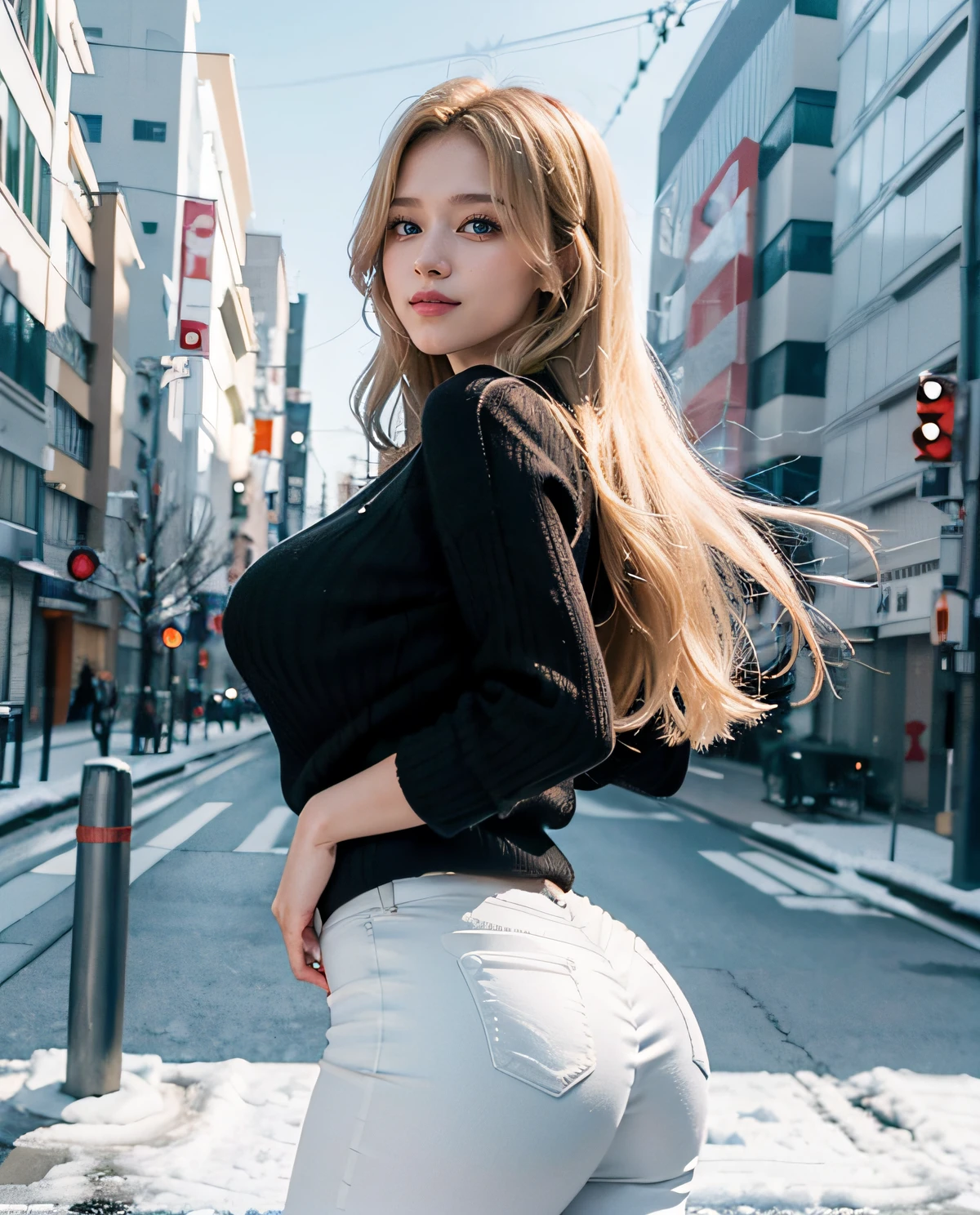 1girl, (Blue eyes), (Smile), (Sana Minatozaki), wide hips, Big Boobs, big ass, round butt, (Best Quality, 8k, Masterpiece: 1.3), perfect hands, Clear Focus: 1.2, Perfect Body Beauty: 1.4 , Slender Abs: 1.2, Highly detailed face and skin texture, detailed eyes, double eyelids, (blonde long hair), (tight black sweater :1.2), white jeans, standing, dynamic pose, in a snowy neighborhood of Tokyo, snowing