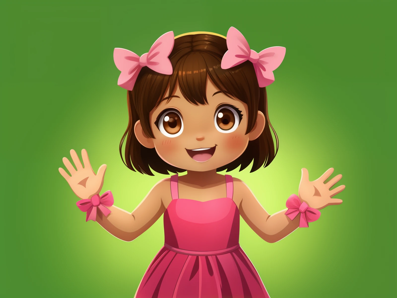 Front image of a single 5 year old girl, alone, happy, with brown hair, brown eyes, rosy cheeks, waving her hand, green background, chroma key background, pink dress, pink gloves, pink bows on her head, illustration style 2D childish.