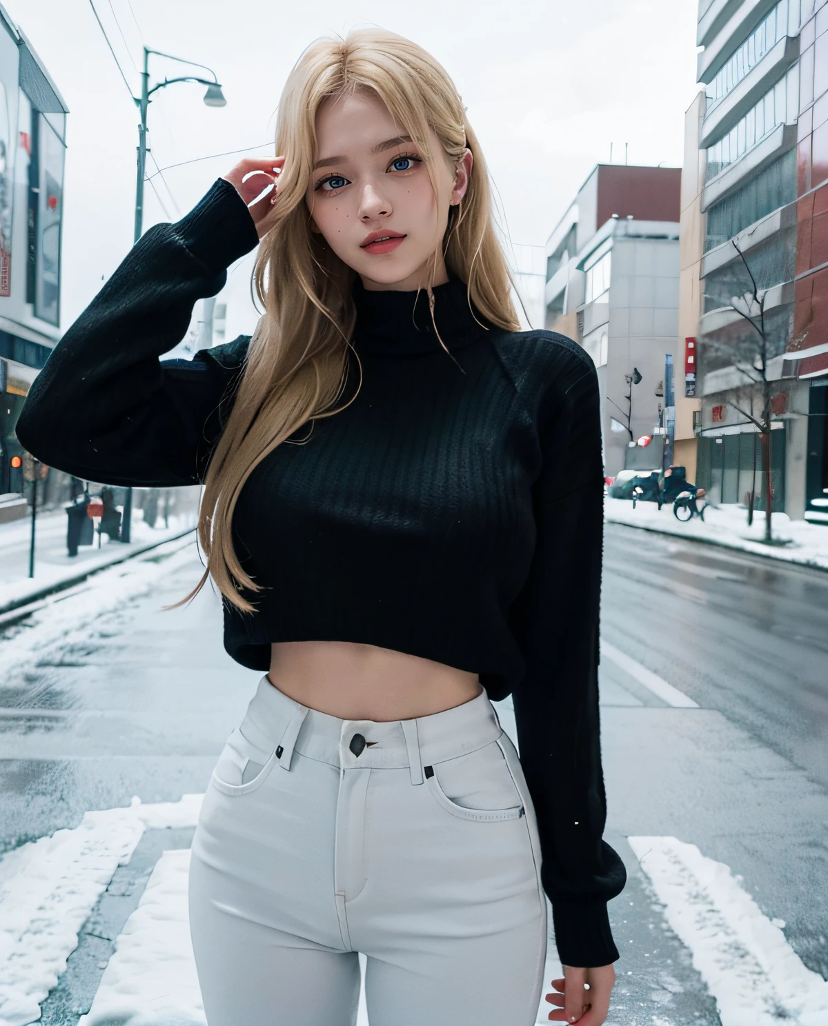 1girl, (Blue eyes), (Smile), (Sana Minatozaki), wide hips, Big Boobs, big ass, round butt, (Best Quality, 8k, Masterpiece: 1.3), perfect hands, Clear Focus: 1.2, Perfect Body Beauty: 1.4 , Slender Abs: 1.2, Highly detailed face and skin texture, detailed eyes, double eyelids, (blonde long hair), (tight black sweater :1.2), white jeans, standing, dynamic pose, in a snowy neighborhood of Tokyo, snowing