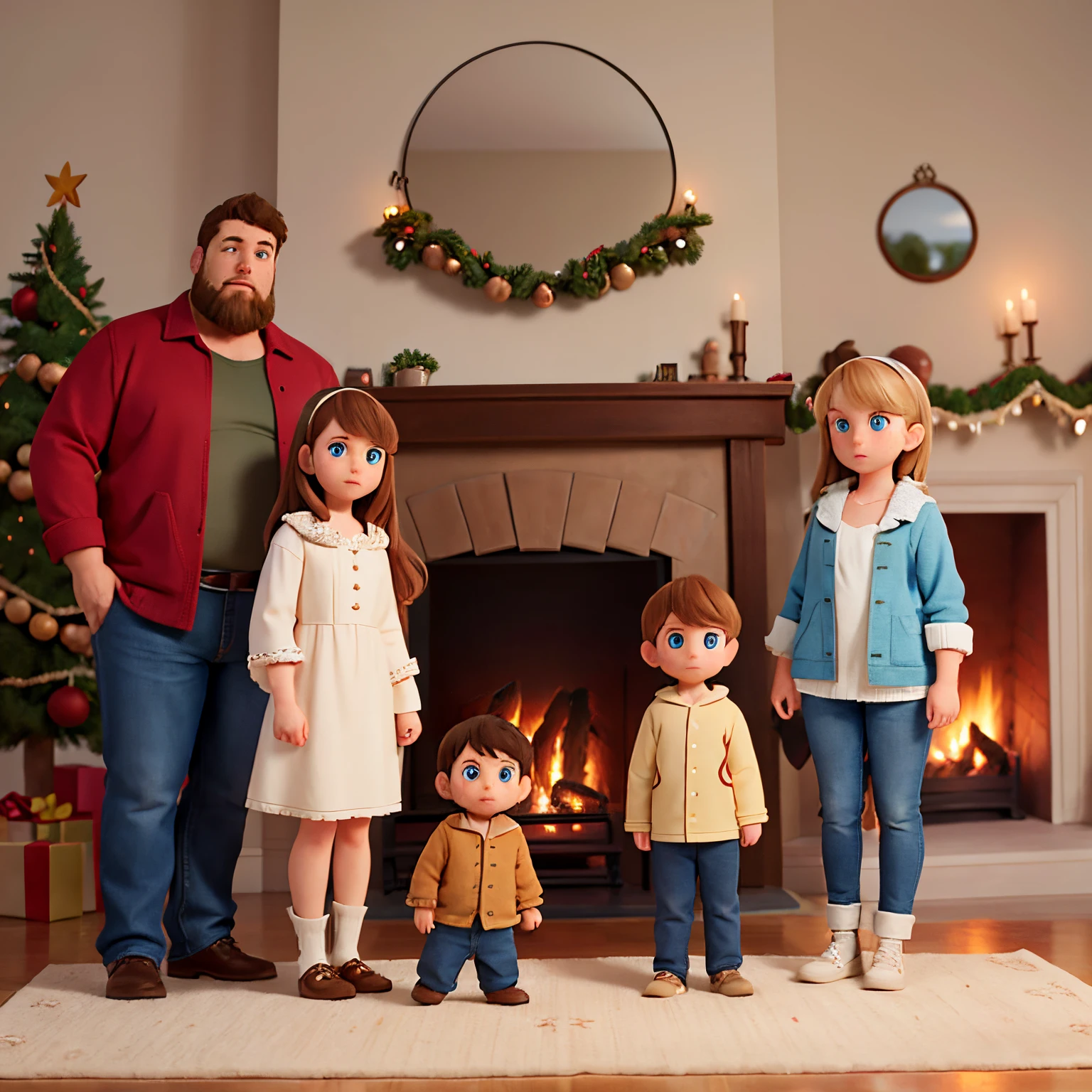 family standing in front of a Christmas fireplace. The Family is made of 5 people, a man, a woman, a boy, and two girls. The man is a tall heavyset man with green eyes, brown hair and a brown and gray beard, a woman as tall as the man’s chest who is heavyset with blue eyes and long reddish brown hair, a boy as tall as the woman’s chest with blue eyes and short blonde hair, a girl, slightly shorter than the boy with blonde hair and blue eyes, and a girl shorter than the other two children with long light brown hair and blue eyes.