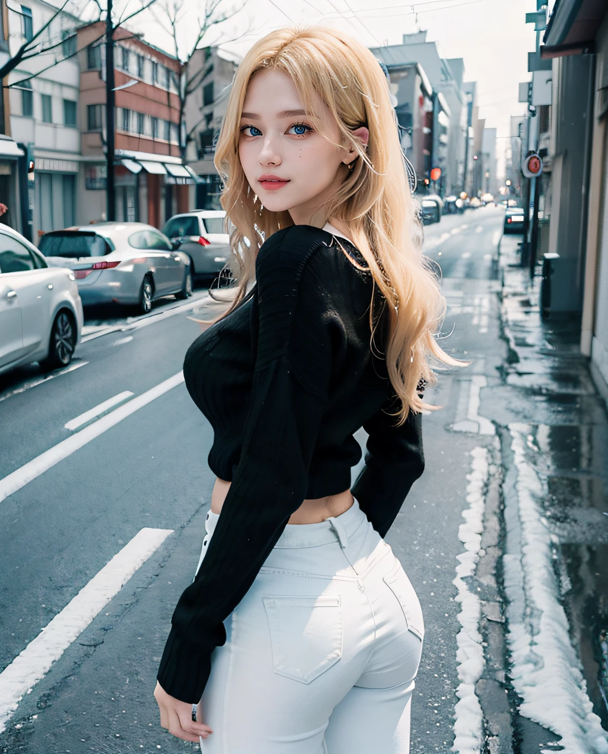 1girl, (Blue eyes), (Smile), (Sana Minatozaki), wide hips, Big Boobs, big ass, round butt, (Best Quality, 8k, Masterpiece: 1.3), perfect hands, Clear Focus: 1.2, Perfect Body Beauty: 1.4 , Slender Abs: 1.2, Highly detailed face and skin texture, detailed eyes, double eyelids, (blonde long hair), (tight black sweater :1.2), white jeans, standing, dynamic pose, in a snowy neighborhood of Tokyo, snowing