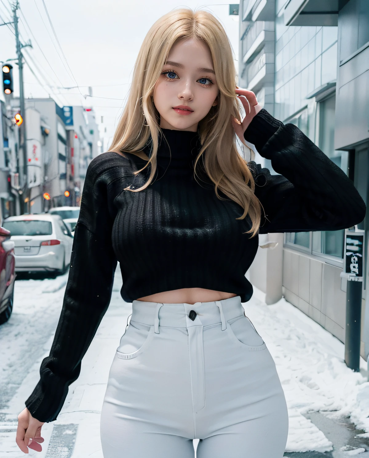 1girl, (Blue eyes), (Smile), (Sana Minatozaki), wide hips, Big Boobs, big ass, round butt, (Best Quality, 8k, Masterpiece: 1.3), perfect hands, Clear Focus: 1.2, Perfect Body Beauty: 1.4 , Slender Abs: 1.2, Highly detailed face and skin texture, detailed eyes, double eyelids, (blonde long hair), ((long tight black sweater :1.3)), white jeans, standing, dynamic pose, in a snowy neighborhood of Tokyo, snowing