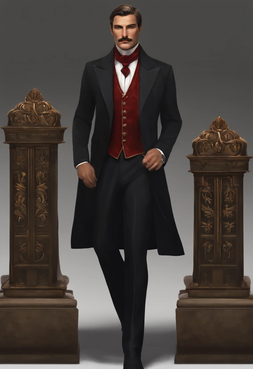 A weathered and mysterious amulet, adorned with ancient symbols and glowing faintly with ethereal light.,Various games in the Dark Pictures Anthology,
The Curator is an impeccably dressed man with an air of sophistication and mystery. He stands tall, his posture upright and commanding. His features are sharp and defined, adding to his enigmatic presence.

His face is pale, almost porcelain-like, accentuating his piercing blue eyes. His eyes hold a depth of knowledge and a hint of mischief, seeming to see beyond the physical realm. They are framed by thin, well-groomed eyebrows that arch slightly, giving him an inquisitive and analytical look.

The Curator's hair is slicked back, revealing a touch of gray amidst the darker strands. It is meticulously styled, each strand in place, suggesting a meticulous attention to detail. Despite the touch of gray, his hair retains a sense of vitality, emphasizing his timeless nature.

He wears a neatly trimmed mustache that matches the color of his hair. The mustache adds a touch of refinement to his overall appearance, enhancing his sophistication and charm.

The Curator's attire exudes elegance and style. He is dressed in a tailored suit, the fabric smooth and rich. The suit jacket fits him perfectly, accentuating his slim physique. The color of the suit can vary, but it is often seen in shades of dark gray or black, adding to his mysterious aura.

The Curator accessorizes his outfit with a few carefully selected items. He wears a pocket watch attached to a chain, which dangles from his vest or jacket pocket. The watch is intricate and ornate, a symbol of his connection to time and the unfolding events. He also sports a vibrant red pocket square, a pop of color that contrasts with the rest of his attire, drawing attention to his persona.

Overall, the Curator's appearance is one of refined elegance and calculated attention to detail. His pale complexion, sharp features, and stylish attire contribute to his enigmatic presence, making him a captivating and memorable character in the Dark Pictures Anthology.