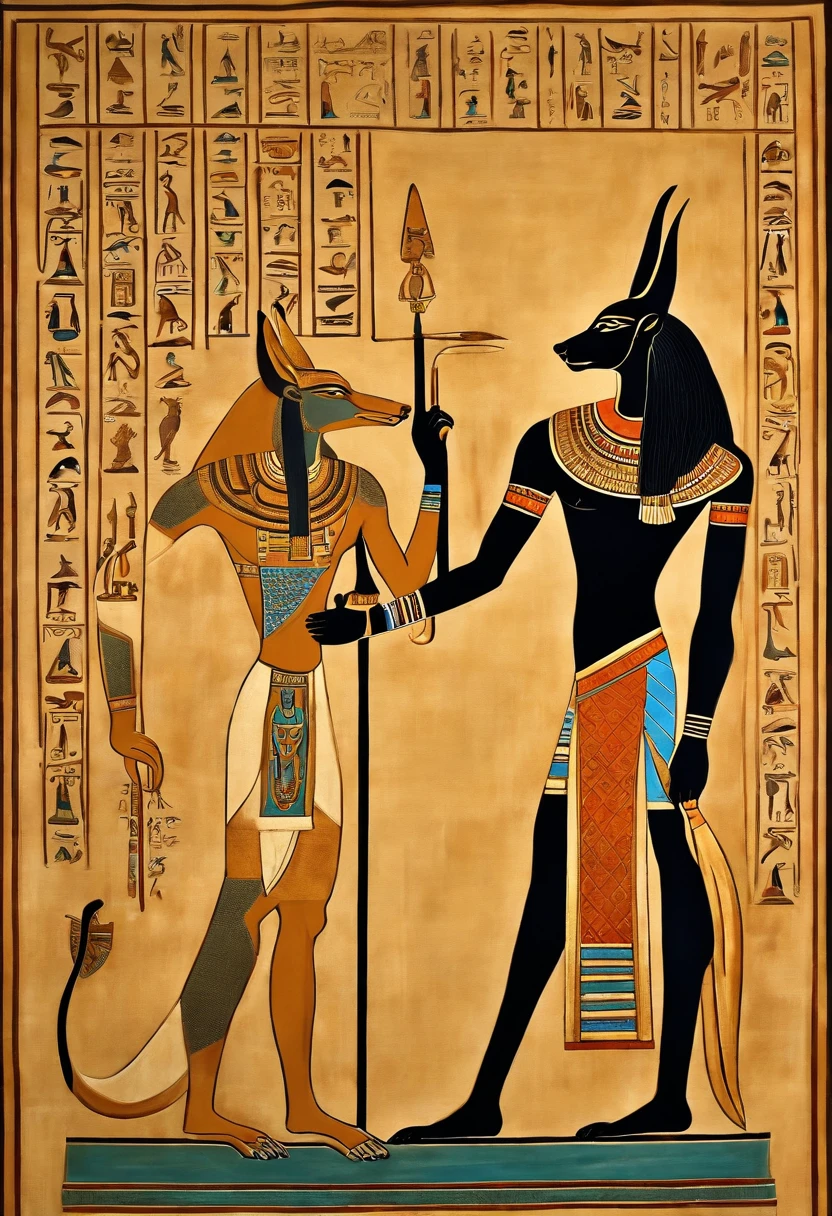 A photo of Anubis admiring a skilled calligrapher writing intricate hieroglyphics,original,anubis is a tall muscular man with the head of a jackal. he is dressed in pharaoh clothing from ancient egypt