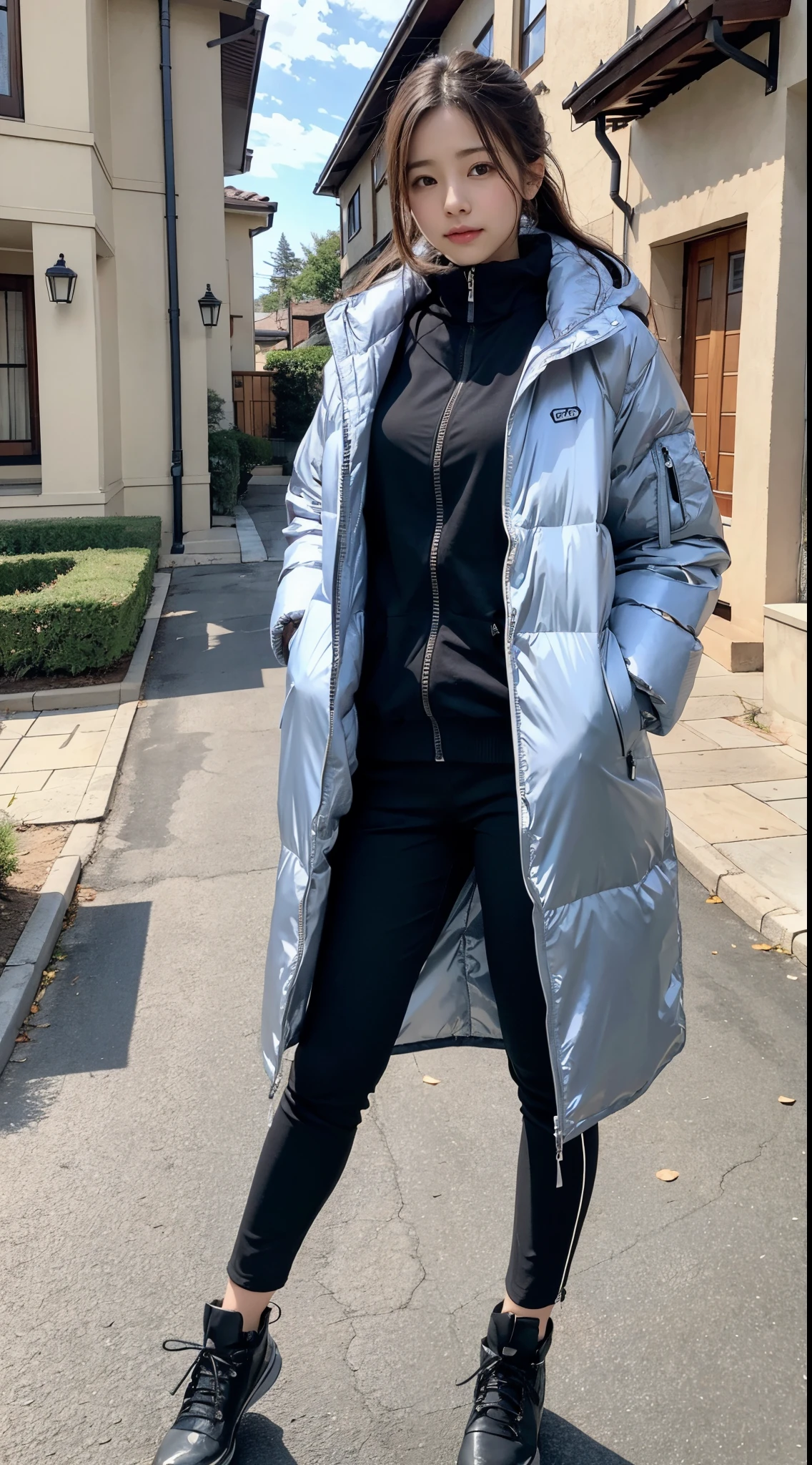 full body Esbian、Wear a down coat、Close all zippers、prety woman、Leanness、The background is in front of a large house