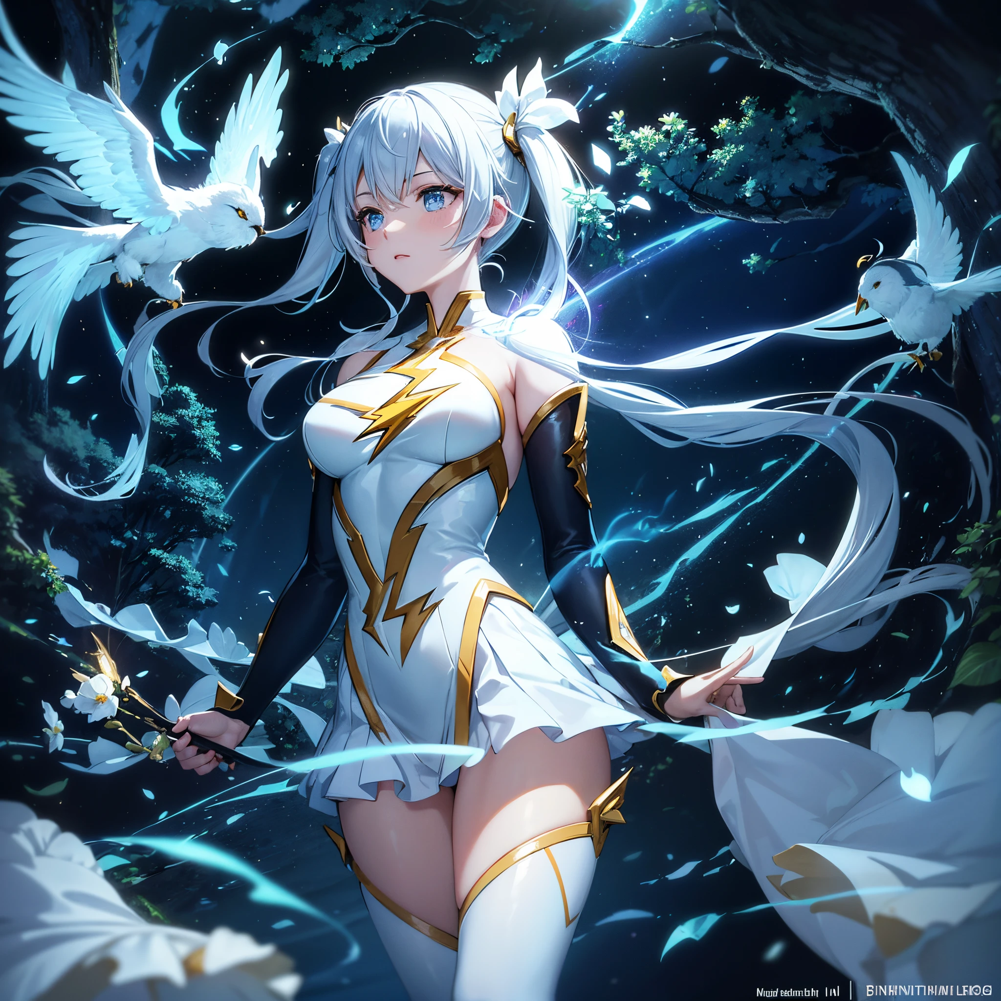 ((ultra-detailliert)), ((Best Illustration)), ((Movie Lighting)), Dynamic Angle, floating, Fine, (The Flash: 1.2), (shine: 1.2), (shine: 1.2), "(Best Quality), Super detailed depiction of a beautiful girl, White and yellow costume、Light blue long hair、Hairstyle is Twintails、 In the colorful forest、Surrounded by snow-white owls and vivid vegetation.", Cinematic, Refreshing, essence, Rim Lights, Scattering