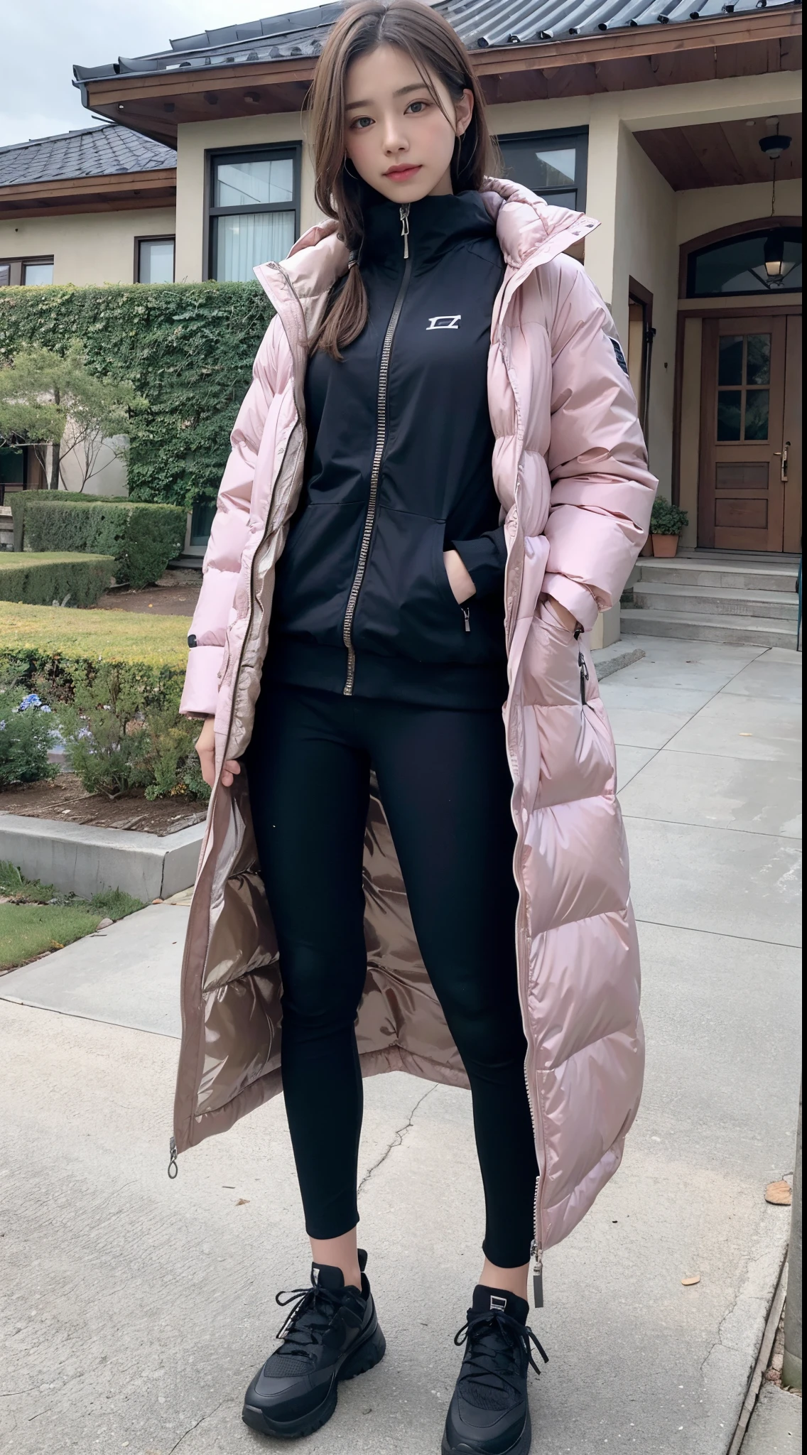 full body Esbian、Wear a down coat、Close all zippers、prety woman、Leanness、The background is in front of a large house