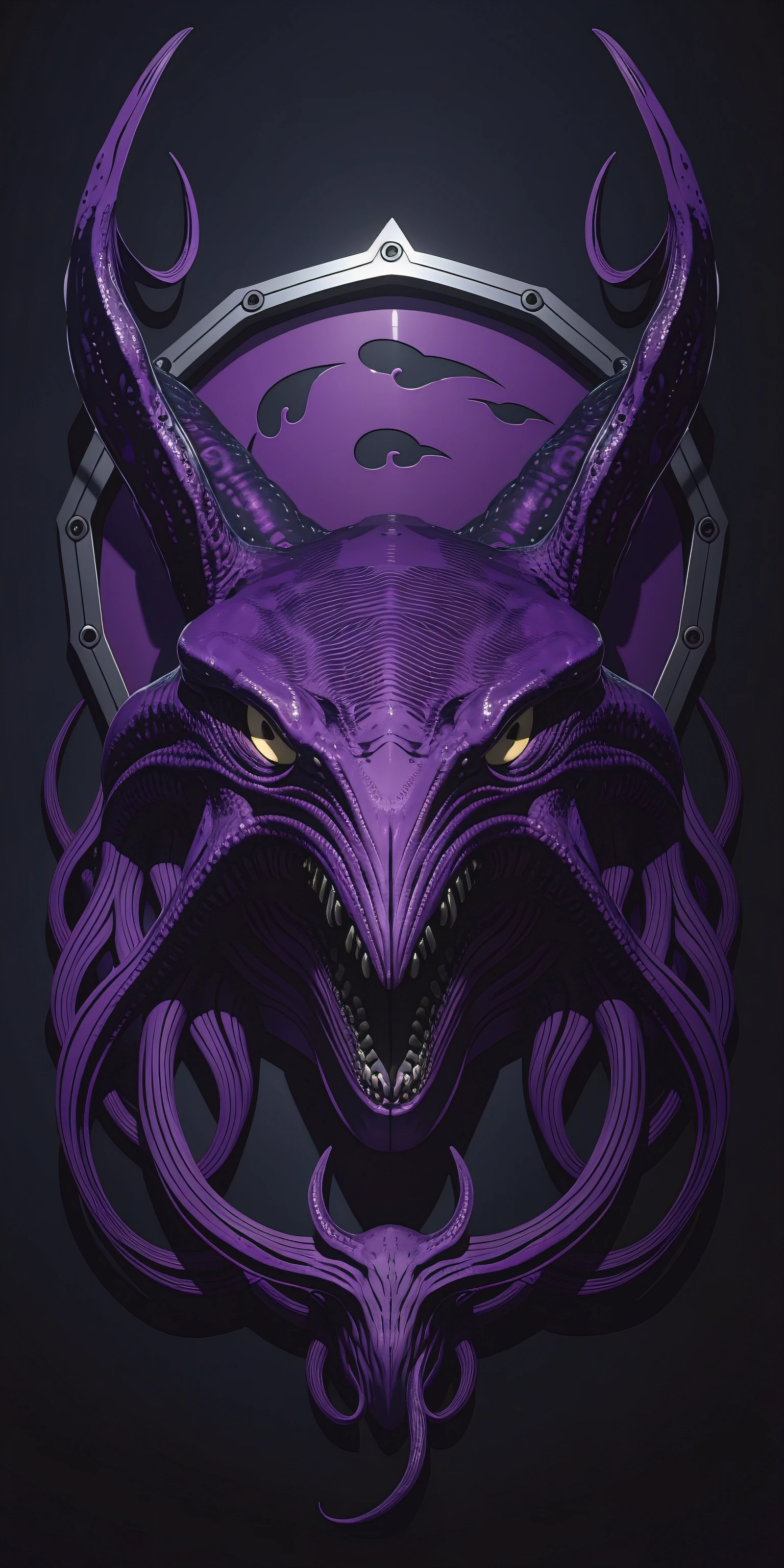 (masterpiece, best quality, ultra-detailed, 8k wallpaper), monster kraken, Alien head, flat design poster, logo, purple duotone, vector, vibrant, sharp